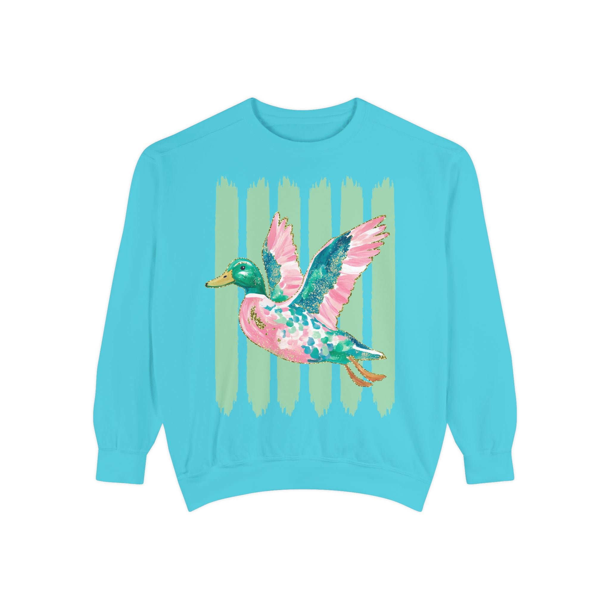 Duck Graphic Sweatshirt — Watercolor Flying Duck on Coral Garment-Dyed Crewneck