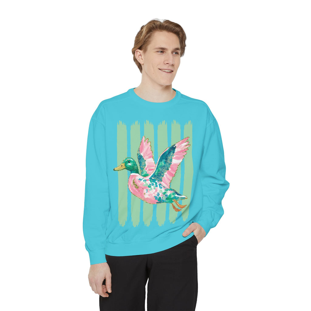 Duck Graphic Sweatshirt — Watercolor Flying Duck on Coral Garment-Dyed Crewneck