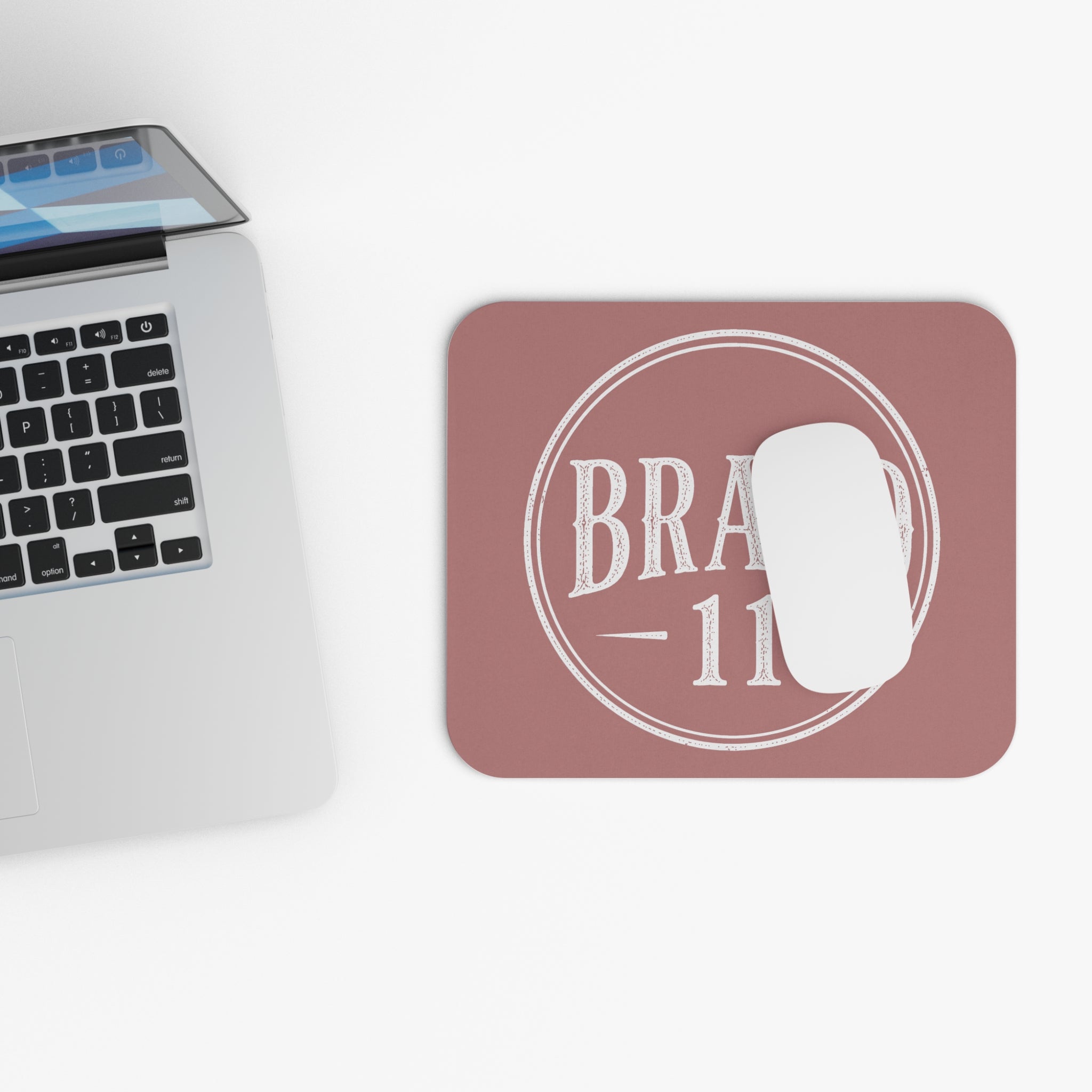 Vintage Logo Mouse Pad – Dusty Rose "BRAND 11" Rectangle Desk Mat