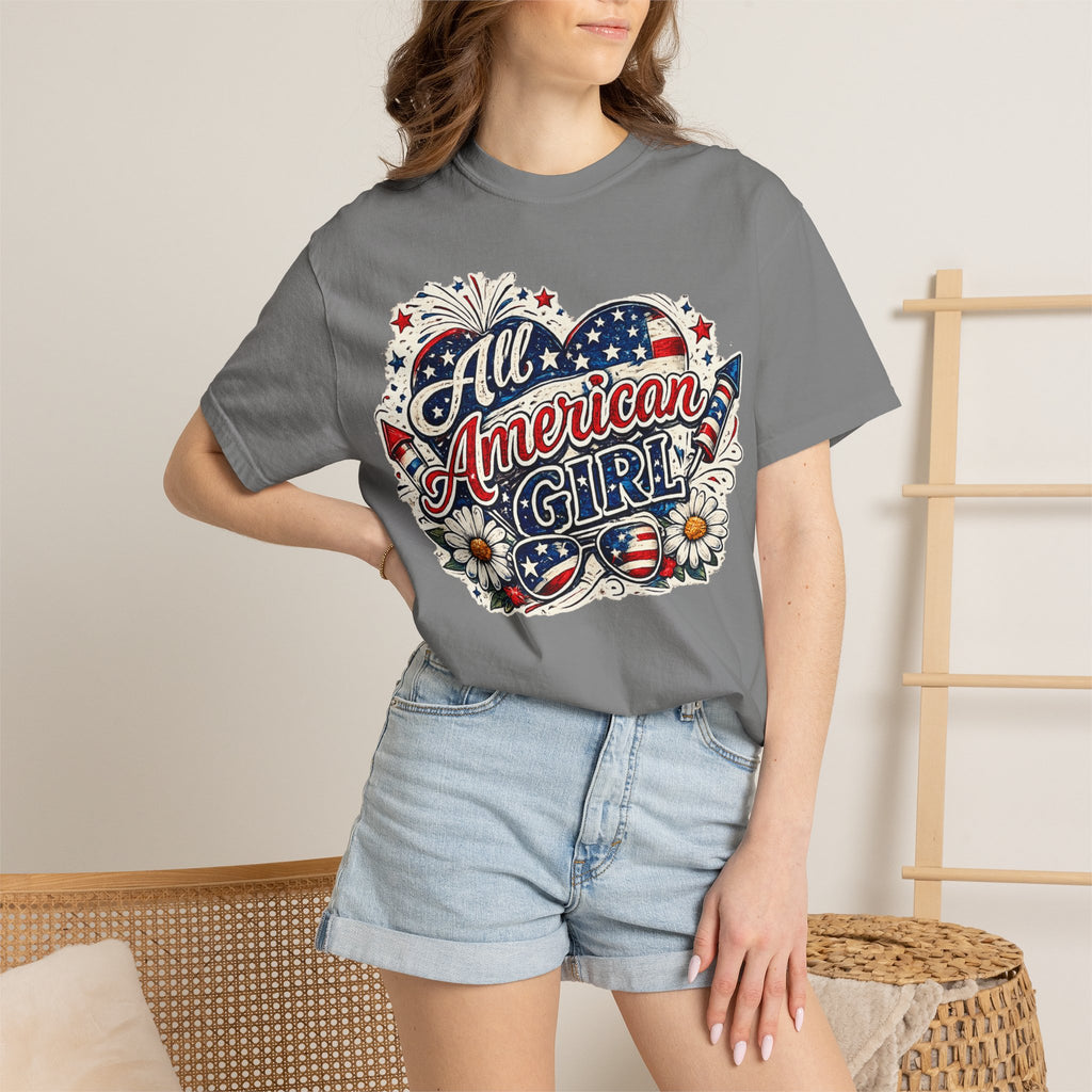 All American Girl T-Shirt — Patriotic Stars & Daisies Tee for Women
