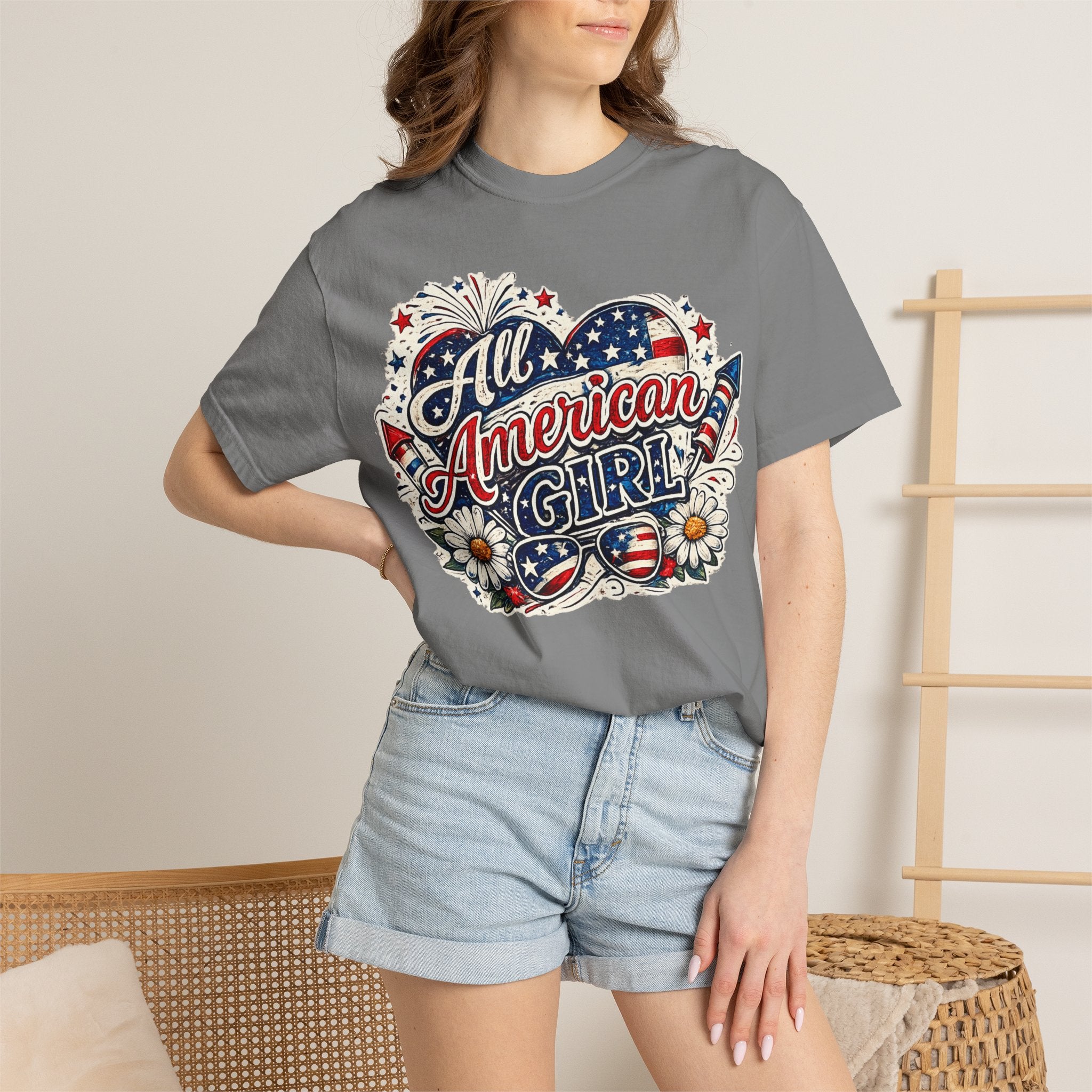All American Girl T-Shirt — Patriotic Stars & Daisies Tee for Women