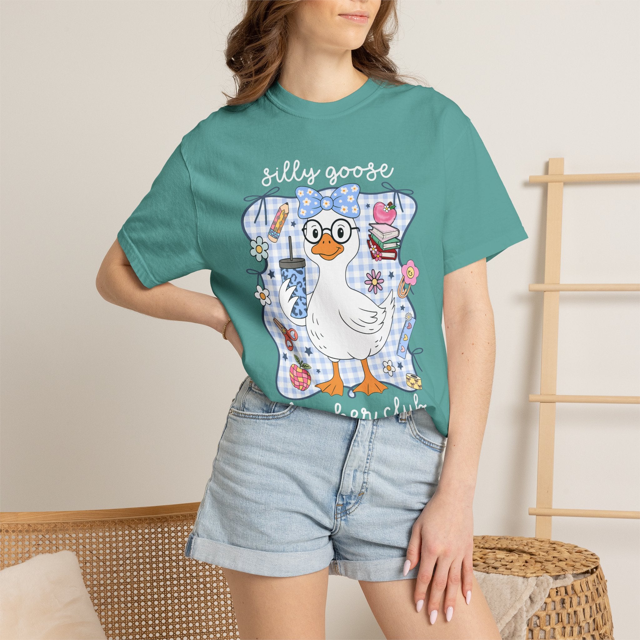 Duck with Blue Gingham Bow Tee — Cute Farm Animal Graphic T-Shirt