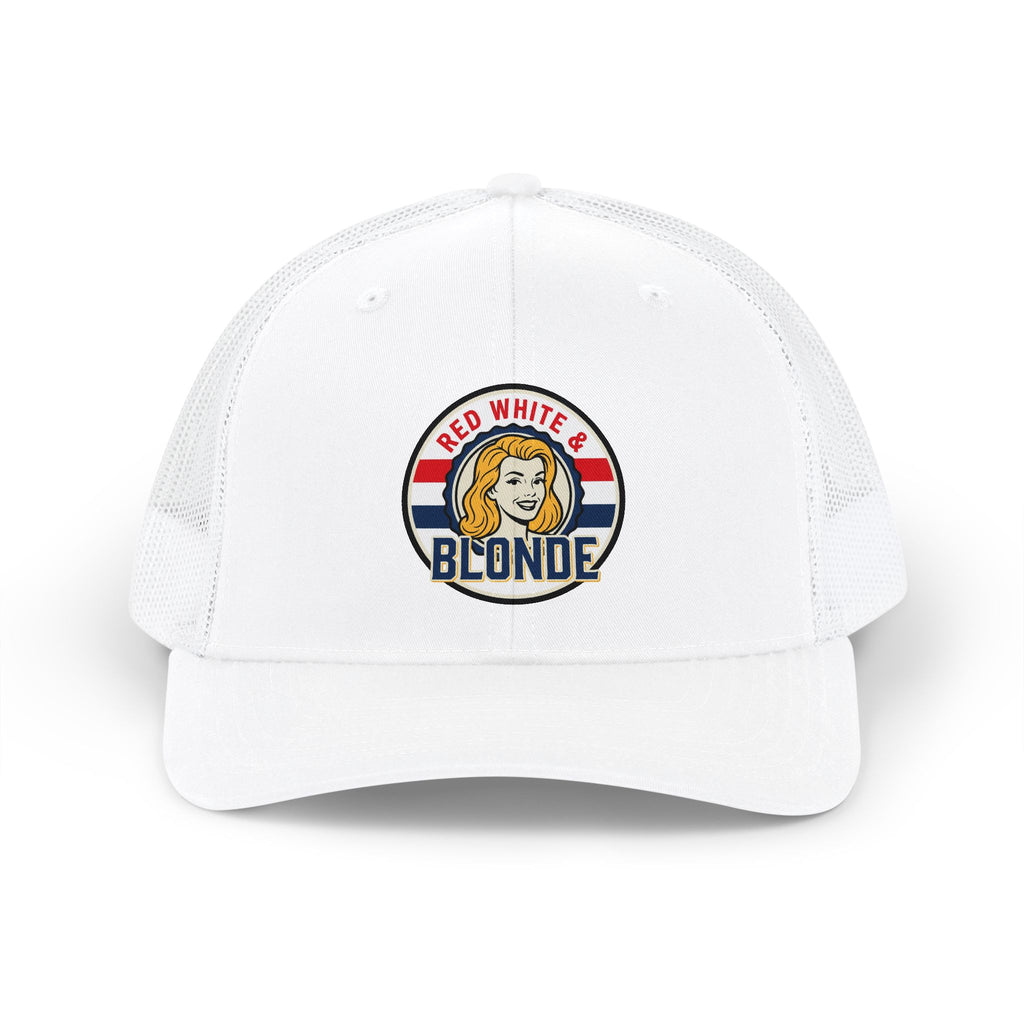 Red White & Blonde Trucker Cap — Retro Patriotic Snapback Hat
