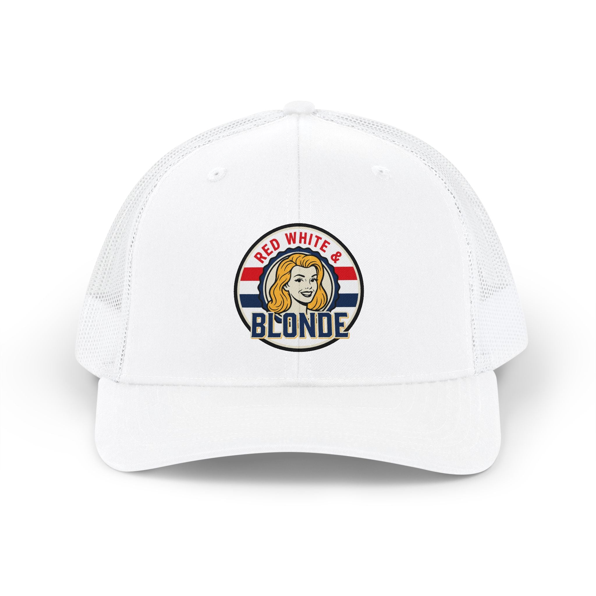Red White & Blonde Trucker Cap — Retro Patriotic Snapback Hat
