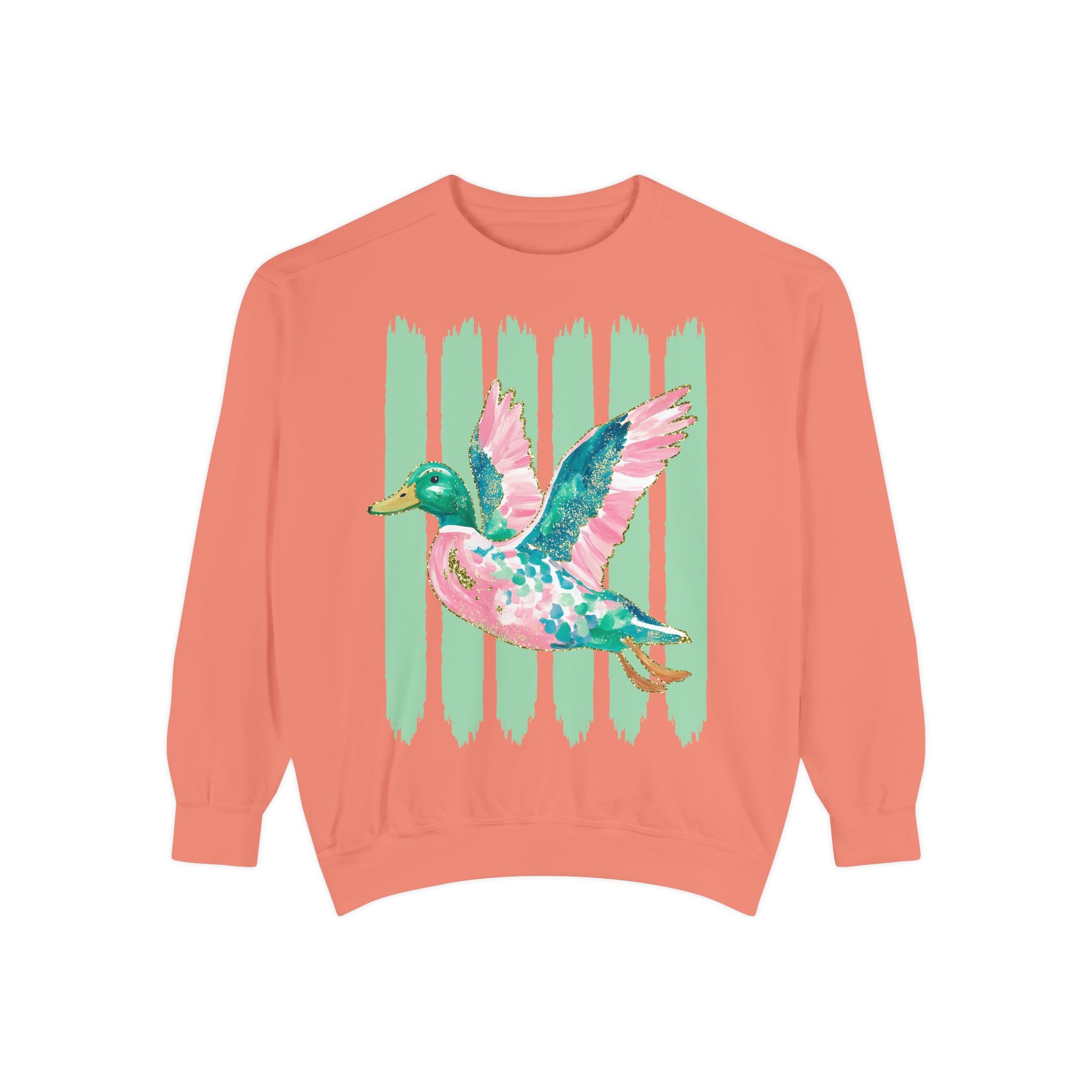 Duck Graphic Sweatshirt — Watercolor Flying Duck on Coral Garment-Dyed Crewneck