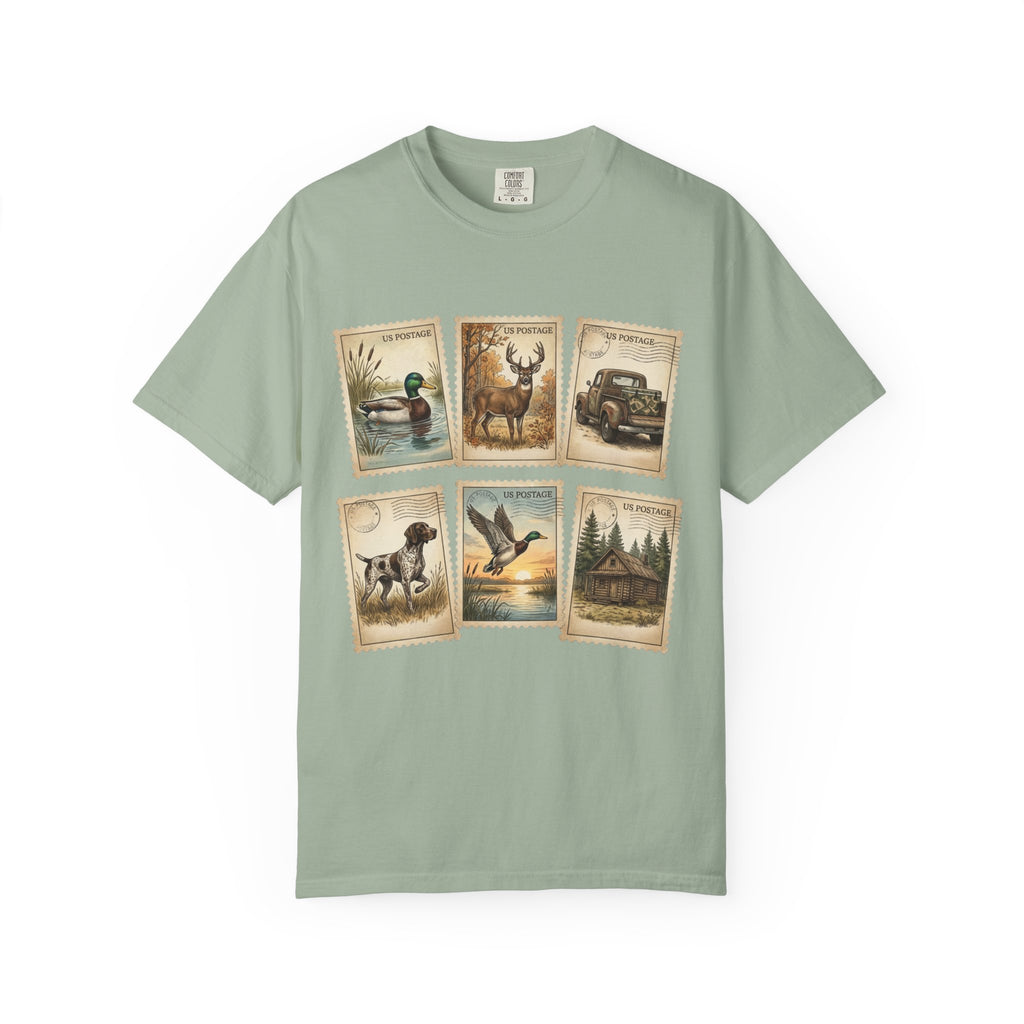Vintage Outdoor Stamps T-Shirt — Deer, Duck, Truck & Cabin Nature Collage