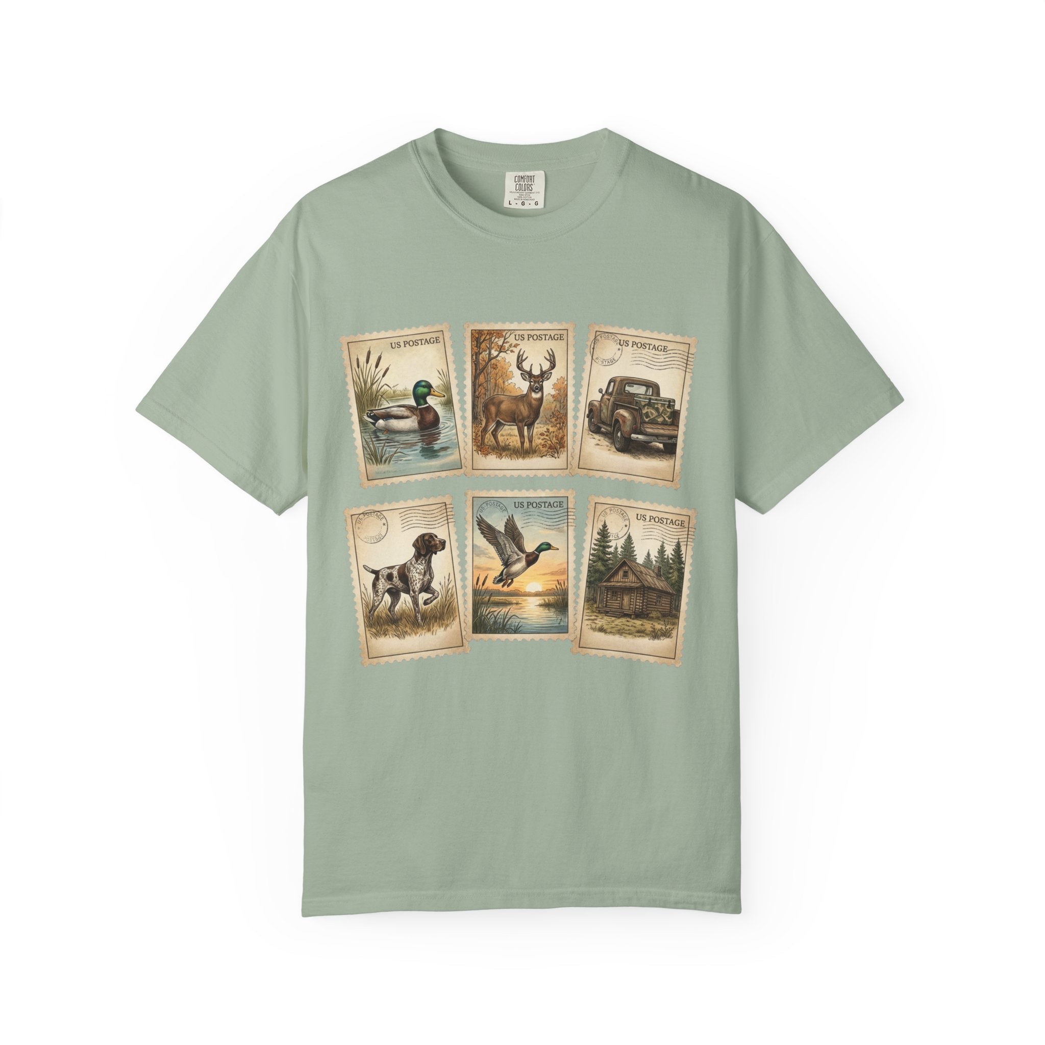 Vintage Outdoor Stamps T-Shirt — Deer, Duck, Truck & Cabin Nature Collage