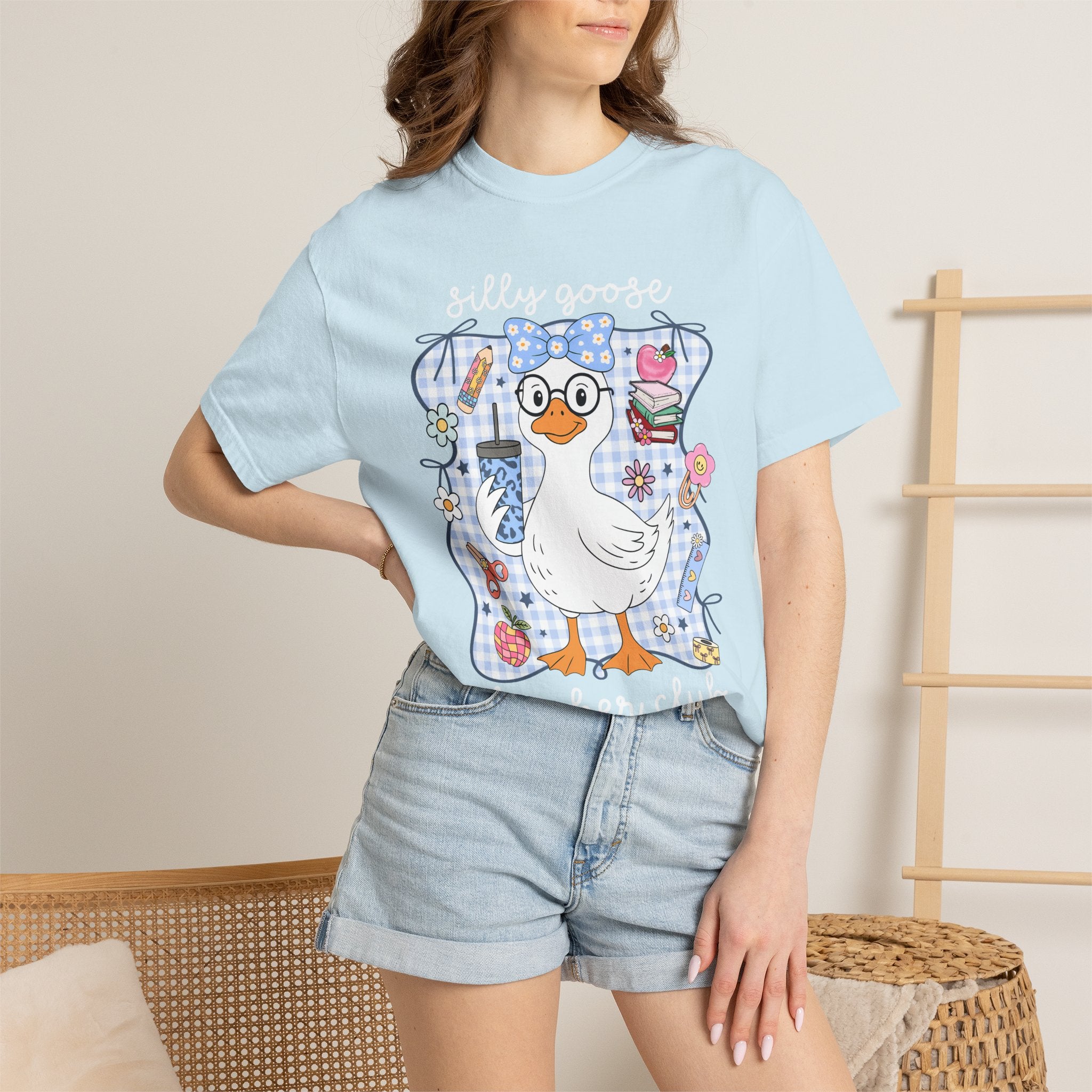Duck with Blue Gingham Bow Tee — Cute Farm Animal Graphic T-Shirt