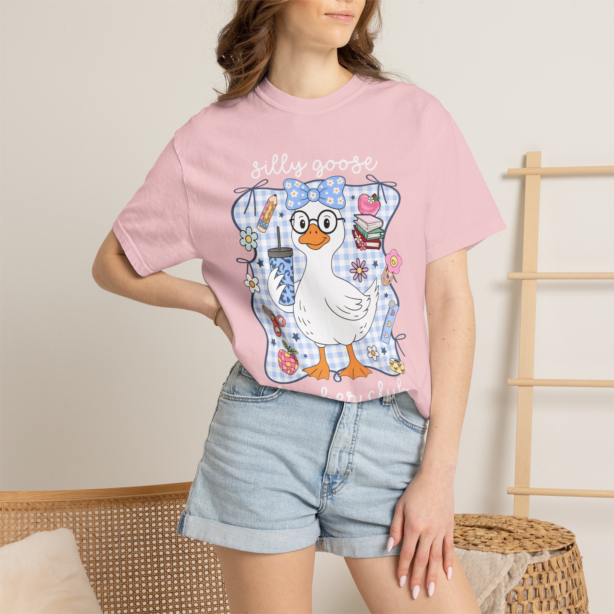 Duck with Blue Gingham Bow Tee — Cute Farm Animal Graphic T-Shirt