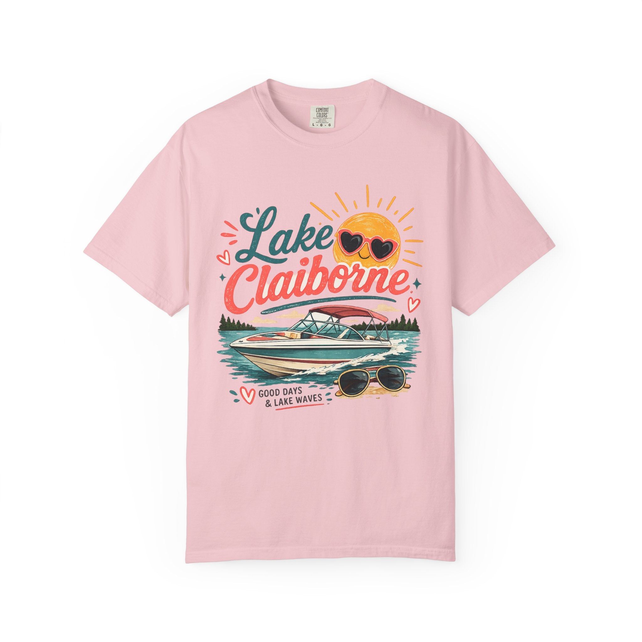 Lake Claiborne Boat T‑Shirt — Retro Sun & Sunglasses Summer Tee