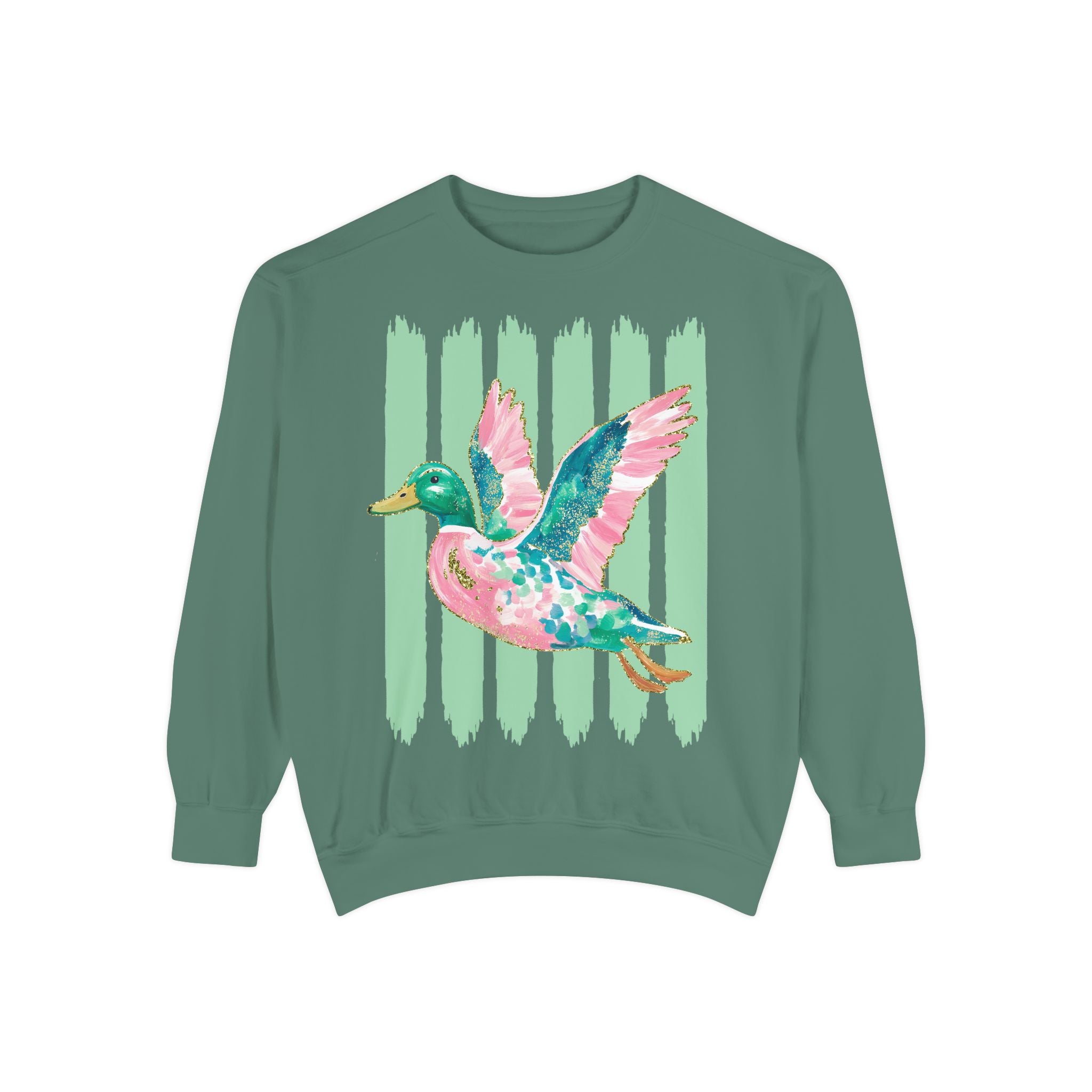 Duck Graphic Sweatshirt — Watercolor Flying Duck on Coral Garment-Dyed Crewneck