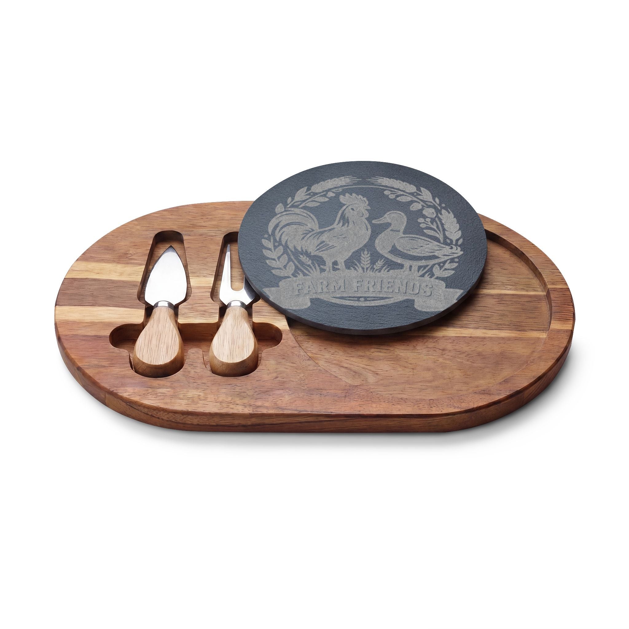 Engraved Bamboo Charcuterie Board with Slate Inlay & Cheese Tools — Rooster Friends Design