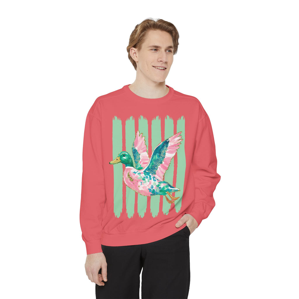 Duck Graphic Sweatshirt — Watercolor Flying Duck on Coral Garment-Dyed Crewneck