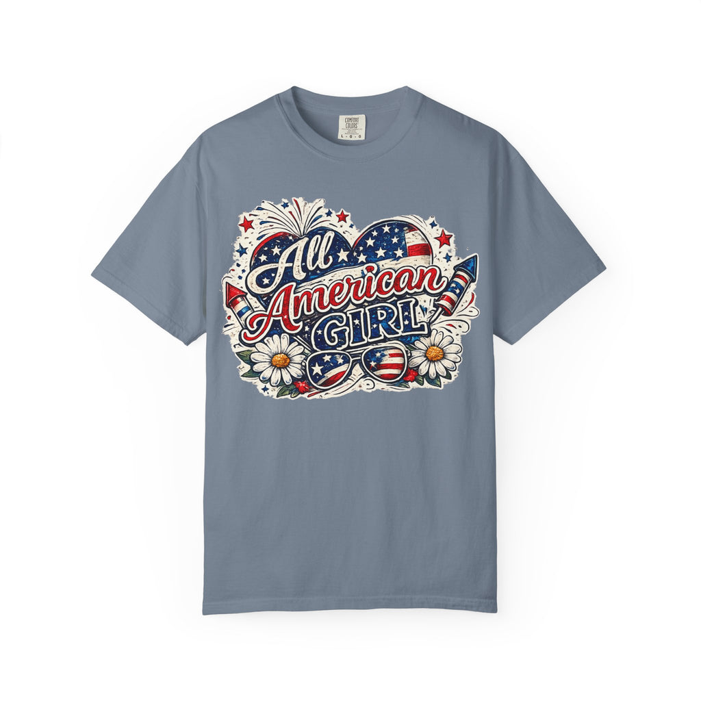 All American Girl T-Shirt — Patriotic Stars & Daisies Tee for Women