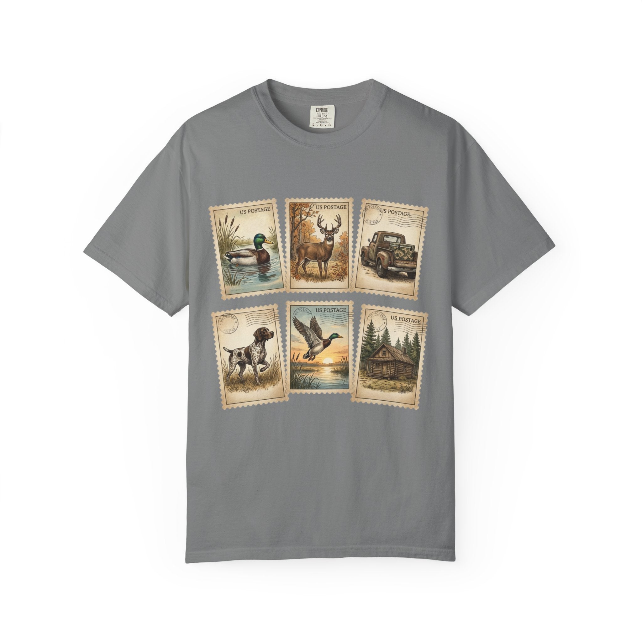 Vintage Outdoor Stamps T-Shirt — Deer, Duck, Truck & Cabin Nature Collage