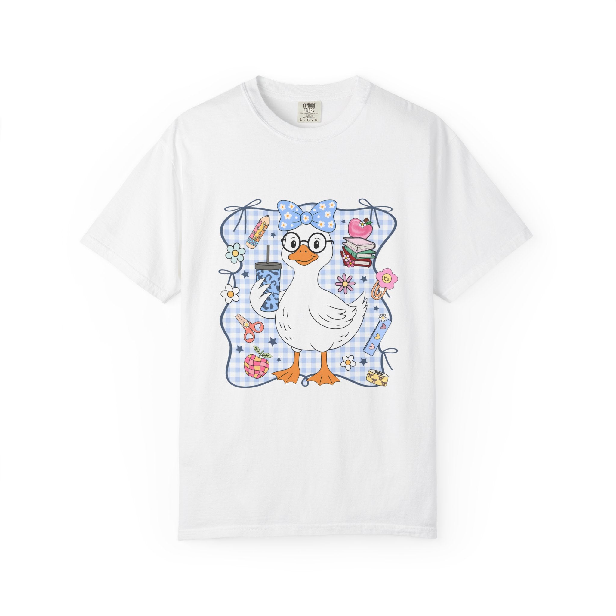 Duck with Blue Gingham Bow Tee — Cute Farm Animal Graphic T-Shirt