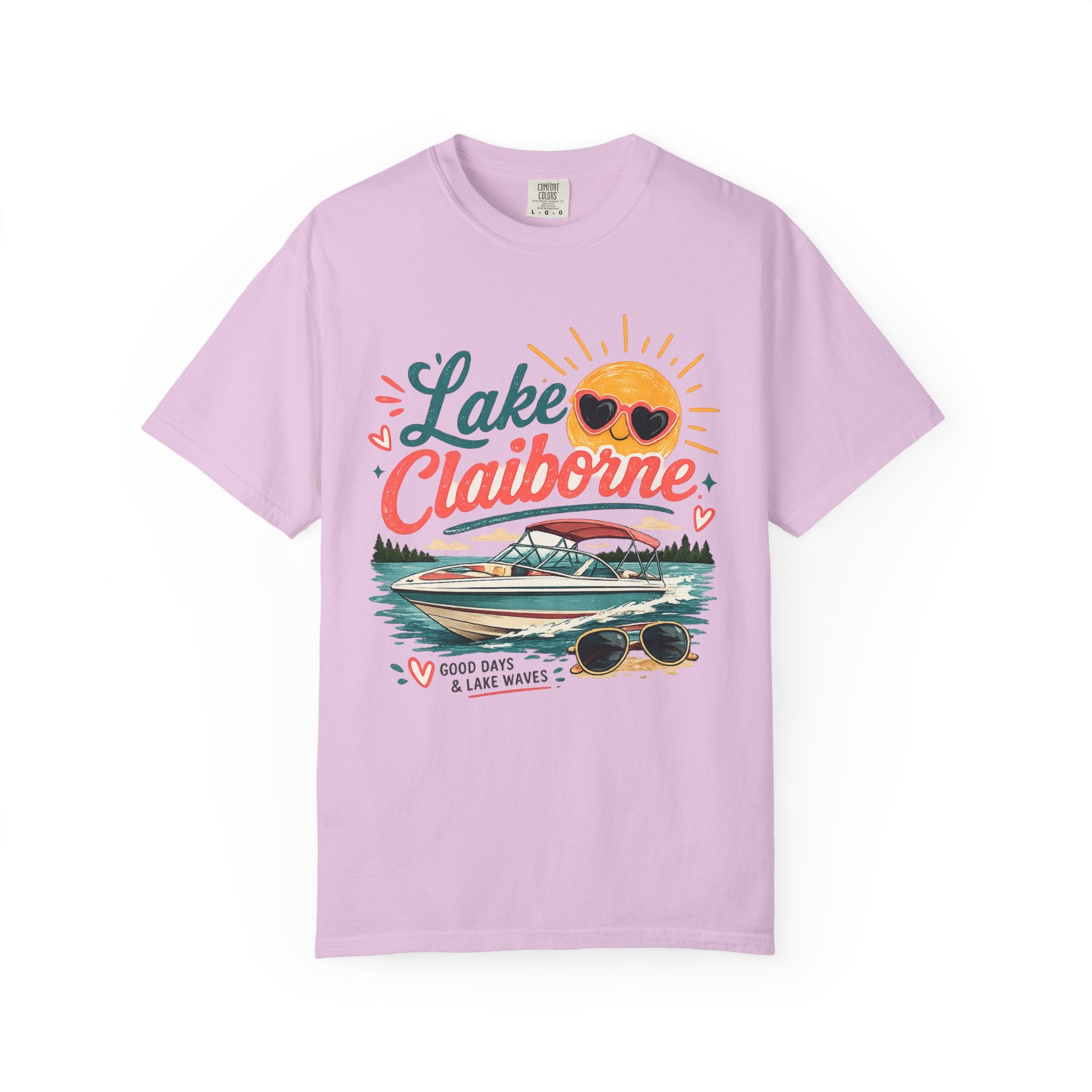 Lake Claiborne Boat T‑Shirt — Retro Sun & Sunglasses Summer Tee