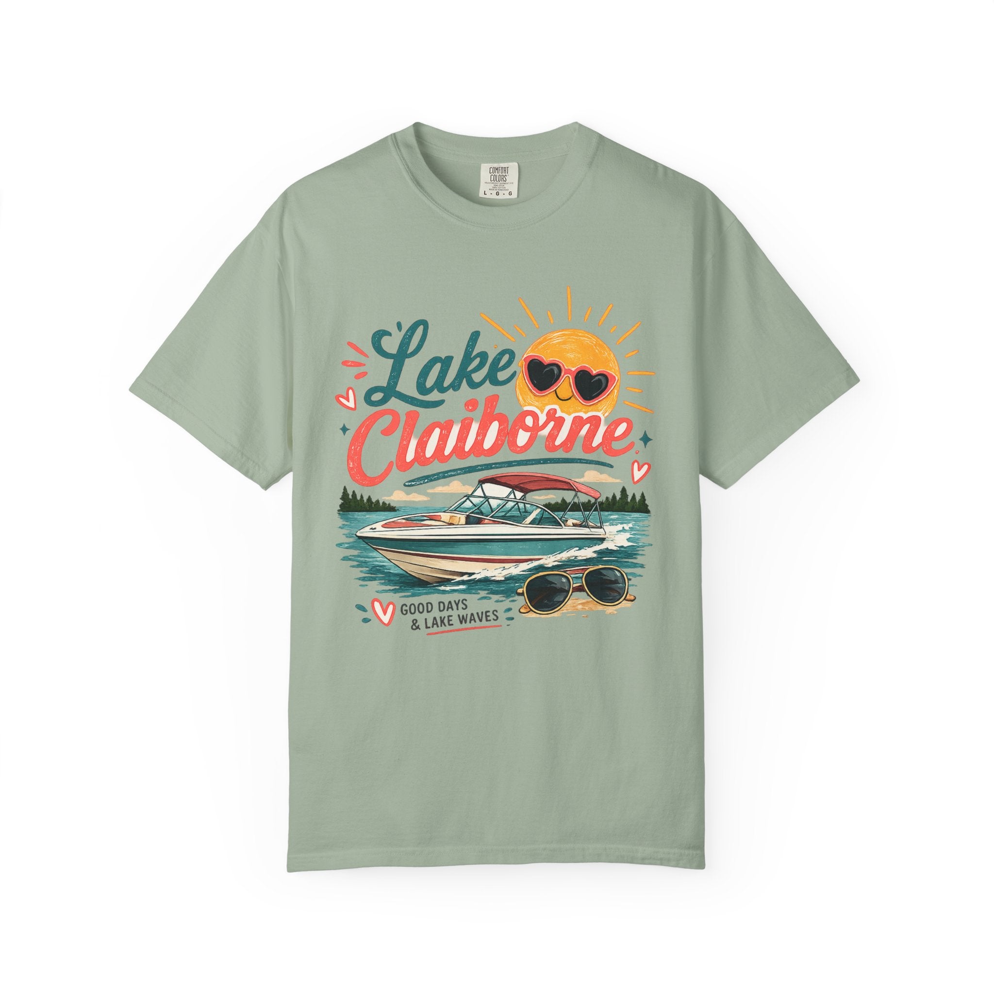 Lake Claiborne Boat T‑Shirt — Retro Sun & Sunglasses Summer Tee
