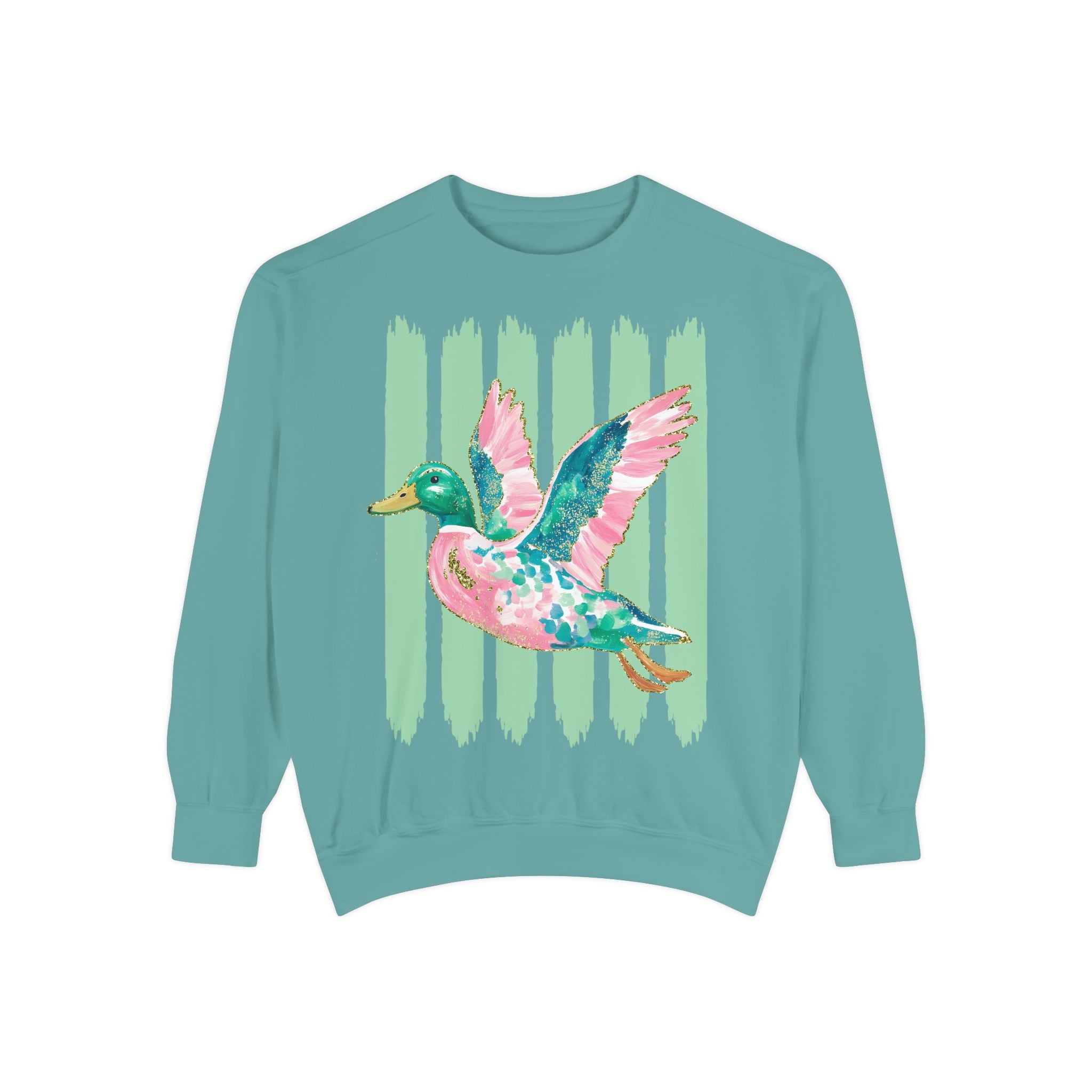 Duck Graphic Sweatshirt — Watercolor Flying Duck on Coral Garment-Dyed Crewneck