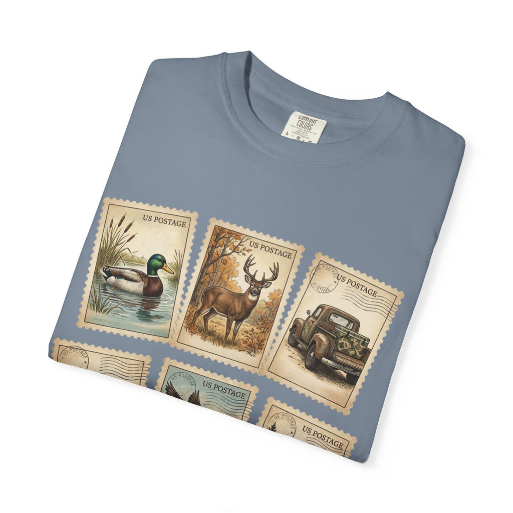 Vintage Outdoor Stamps T-Shirt — Deer, Duck, Truck & Cabin Nature Collage