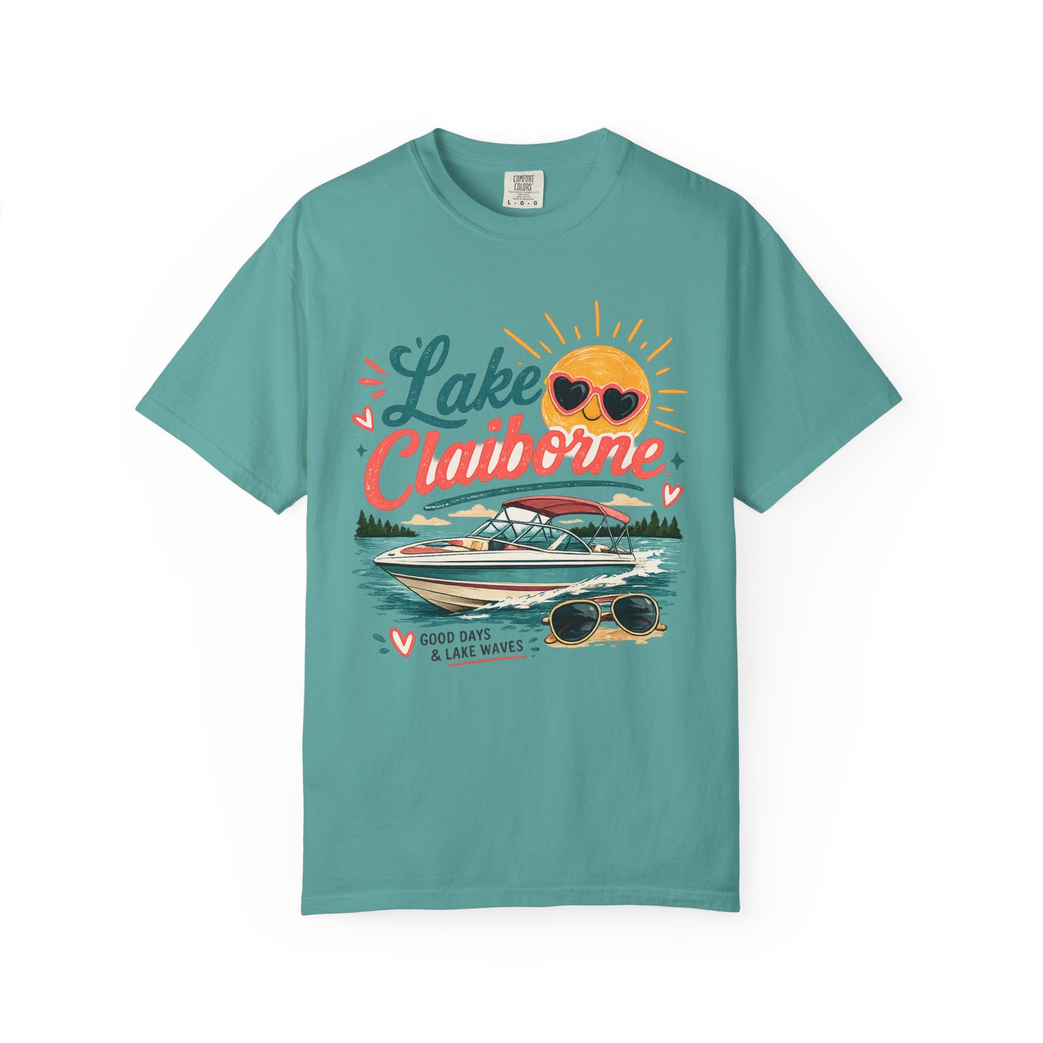 Lake Claiborne Boat T‑Shirt — Retro Sun & Sunglasses Summer Tee