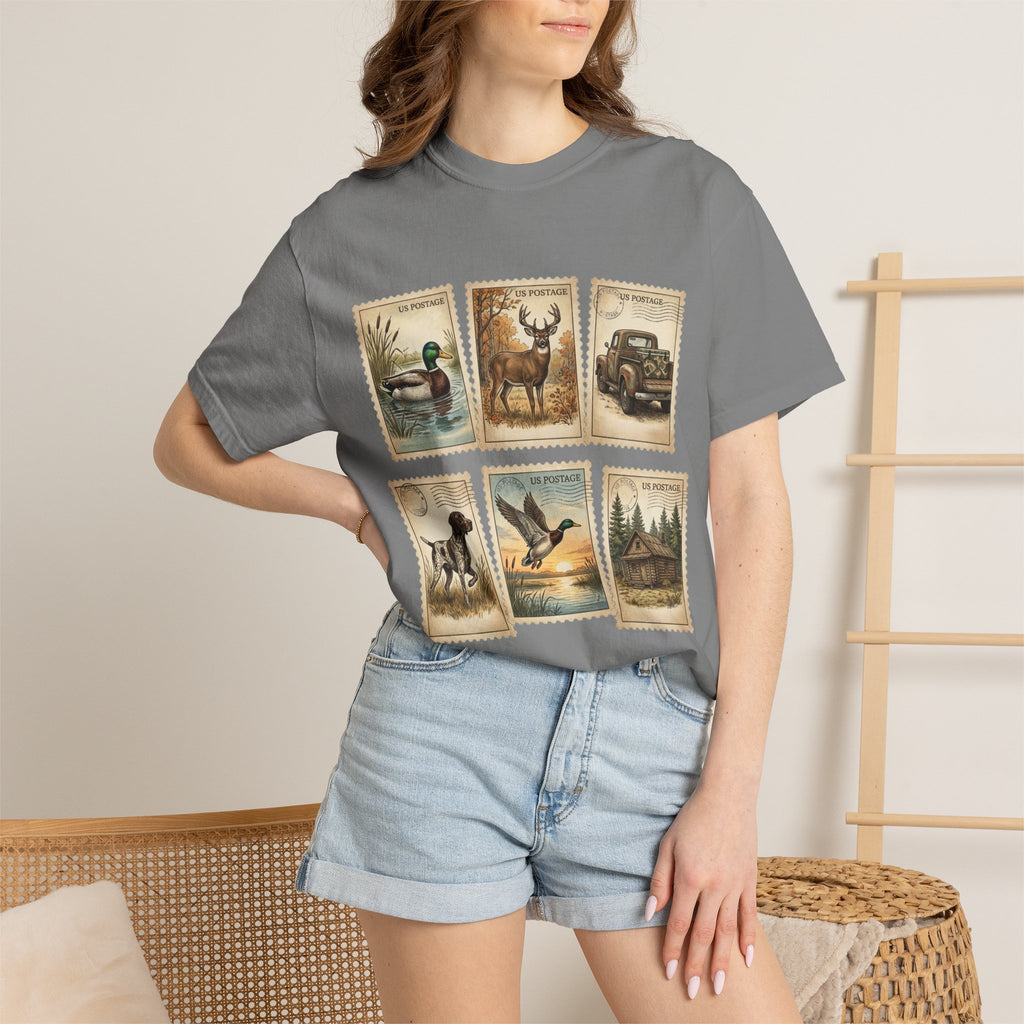 Vintage Outdoor Stamps T-Shirt — Deer, Duck, Truck & Cabin Nature Collage