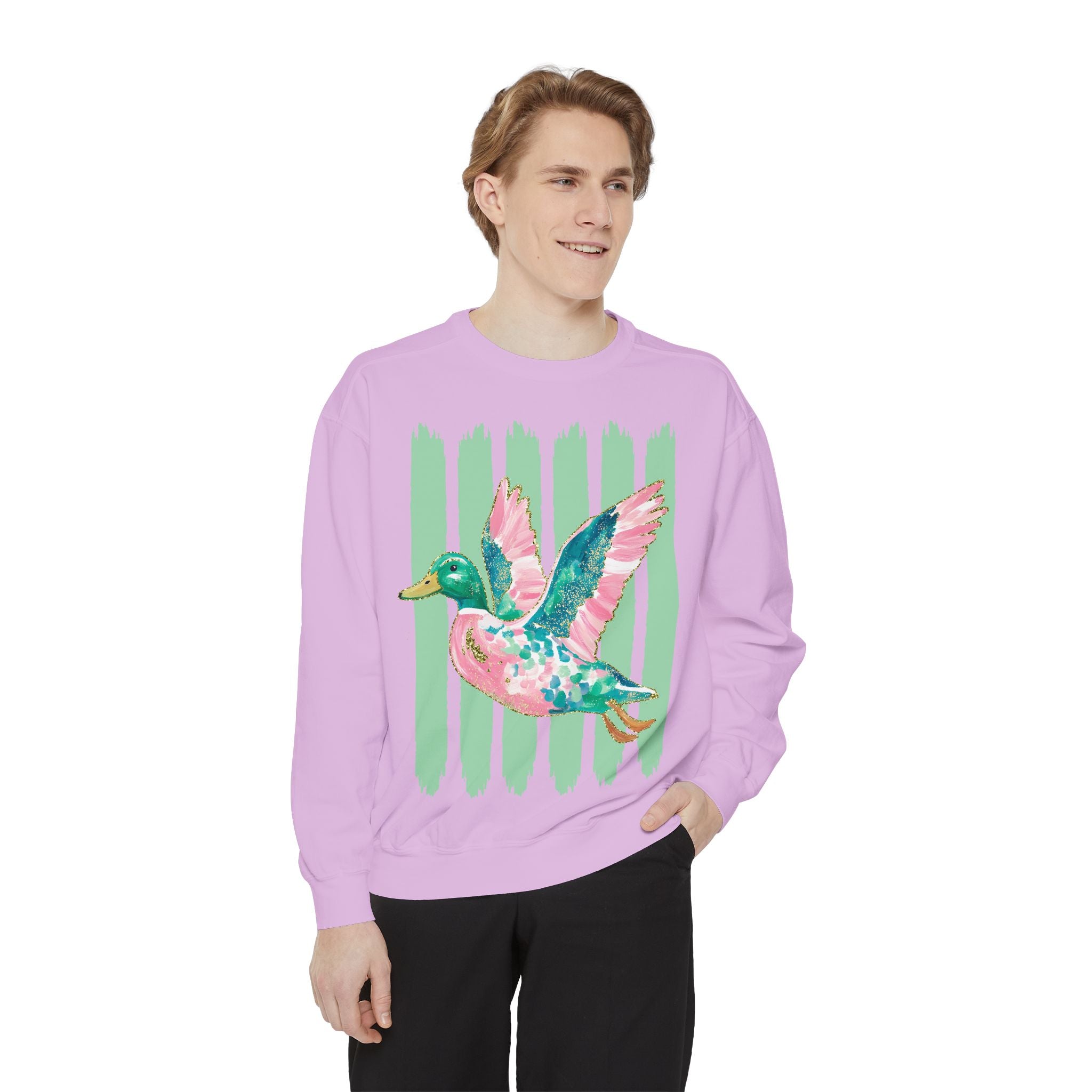 Duck Graphic Sweatshirt — Watercolor Flying Duck on Coral Garment-Dyed Crewneck