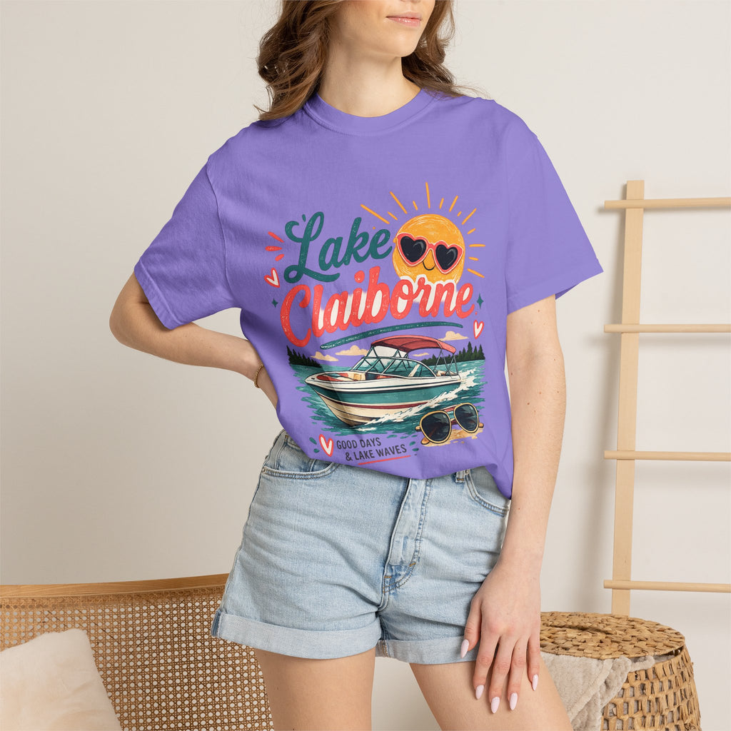 Lake Claiborne Boat T‑Shirt — Retro Sun & Sunglasses Summer Tee