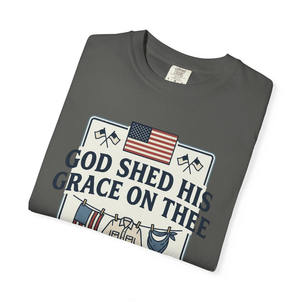 T-Shirt — "God Shed His Grace on Thee" Patriotic American Flag & Floral Tee