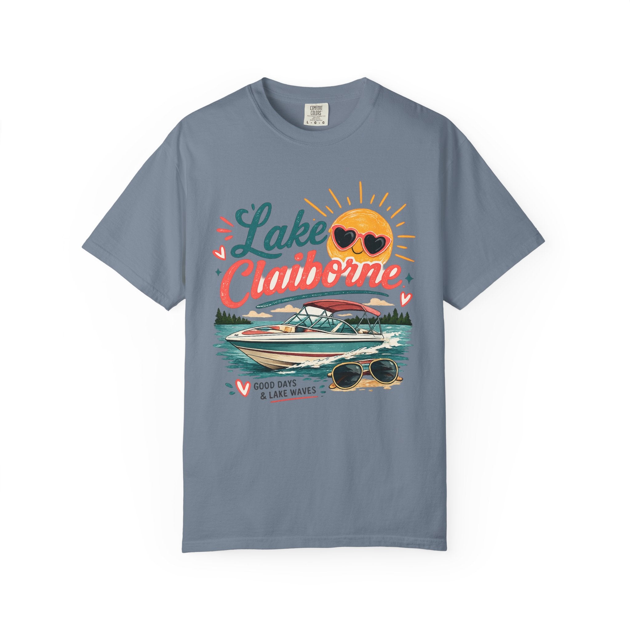 Lake Claiborne Boat T‑Shirt — Retro Sun & Sunglasses Summer Tee