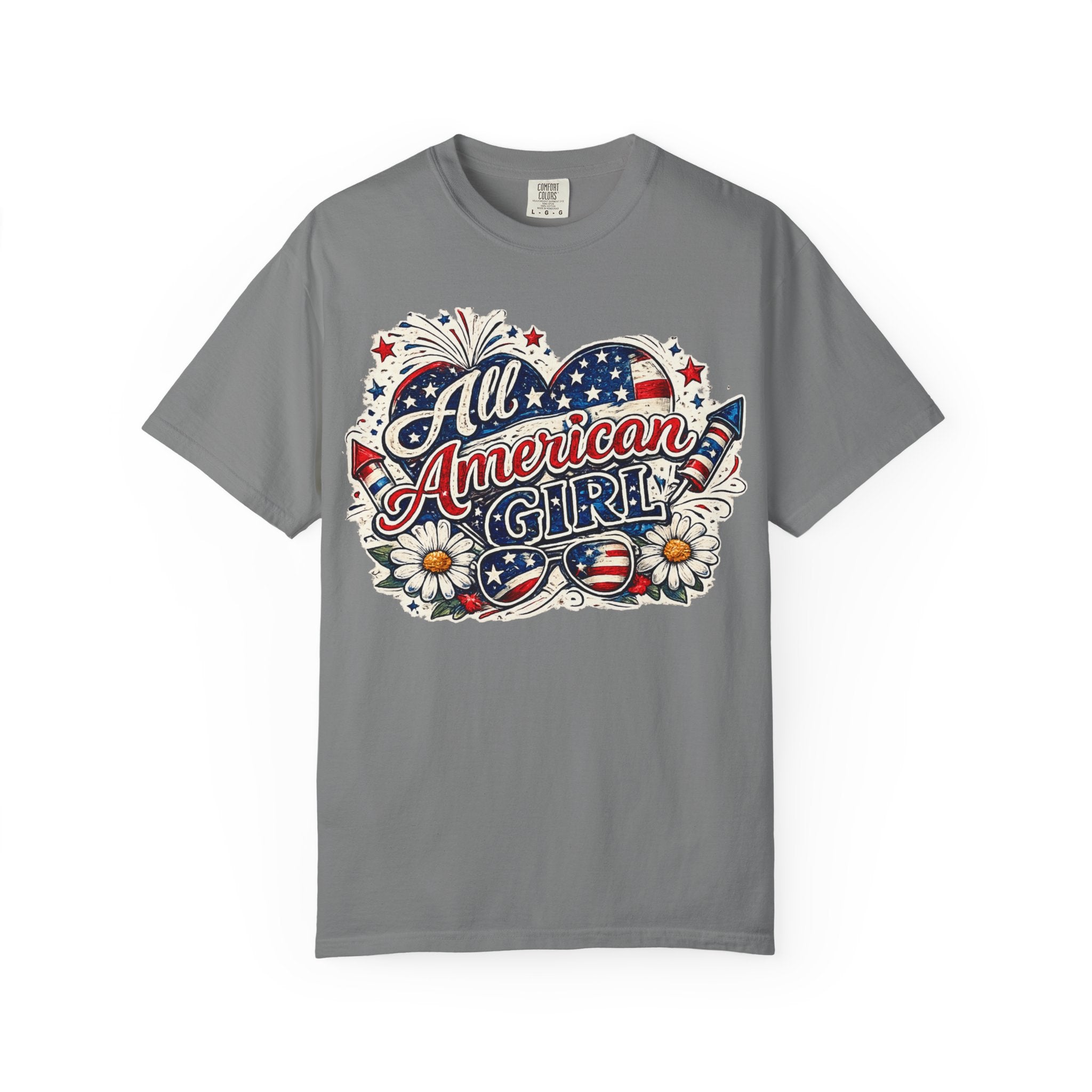 All American Girl T-Shirt — Patriotic Stars & Daisies Tee for Women