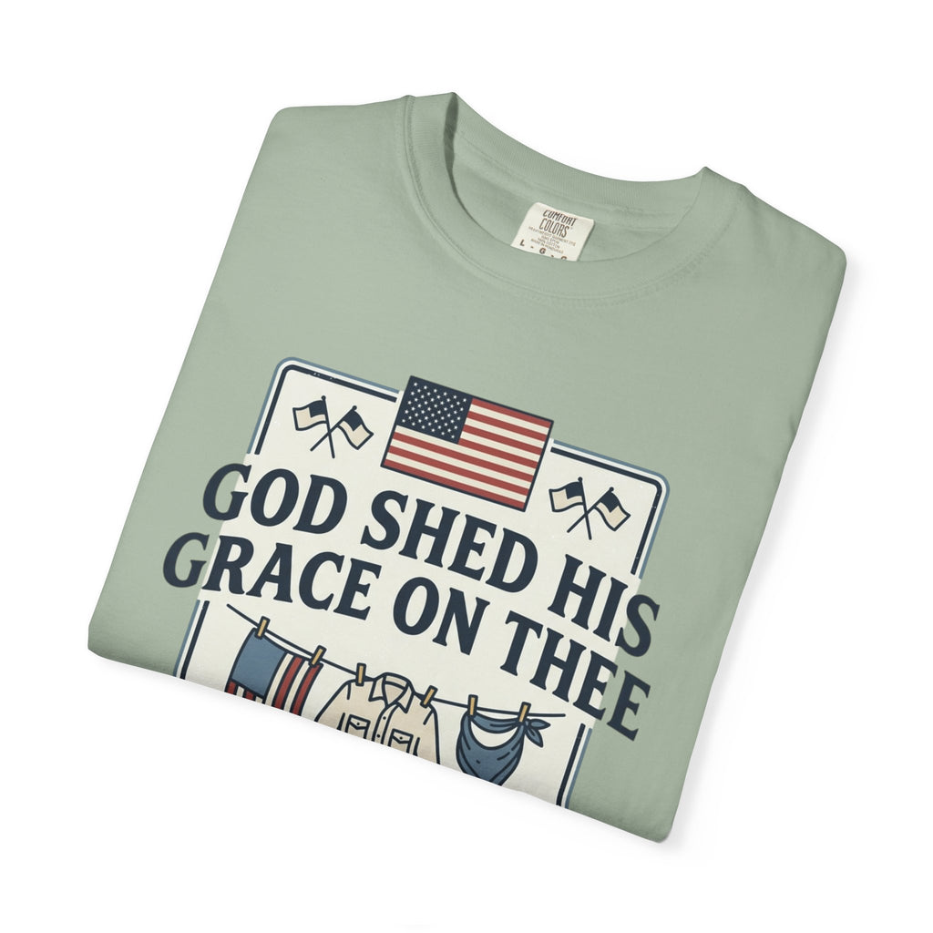T-Shirt — "God Shed His Grace on Thee" Patriotic American Flag & Floral Tee