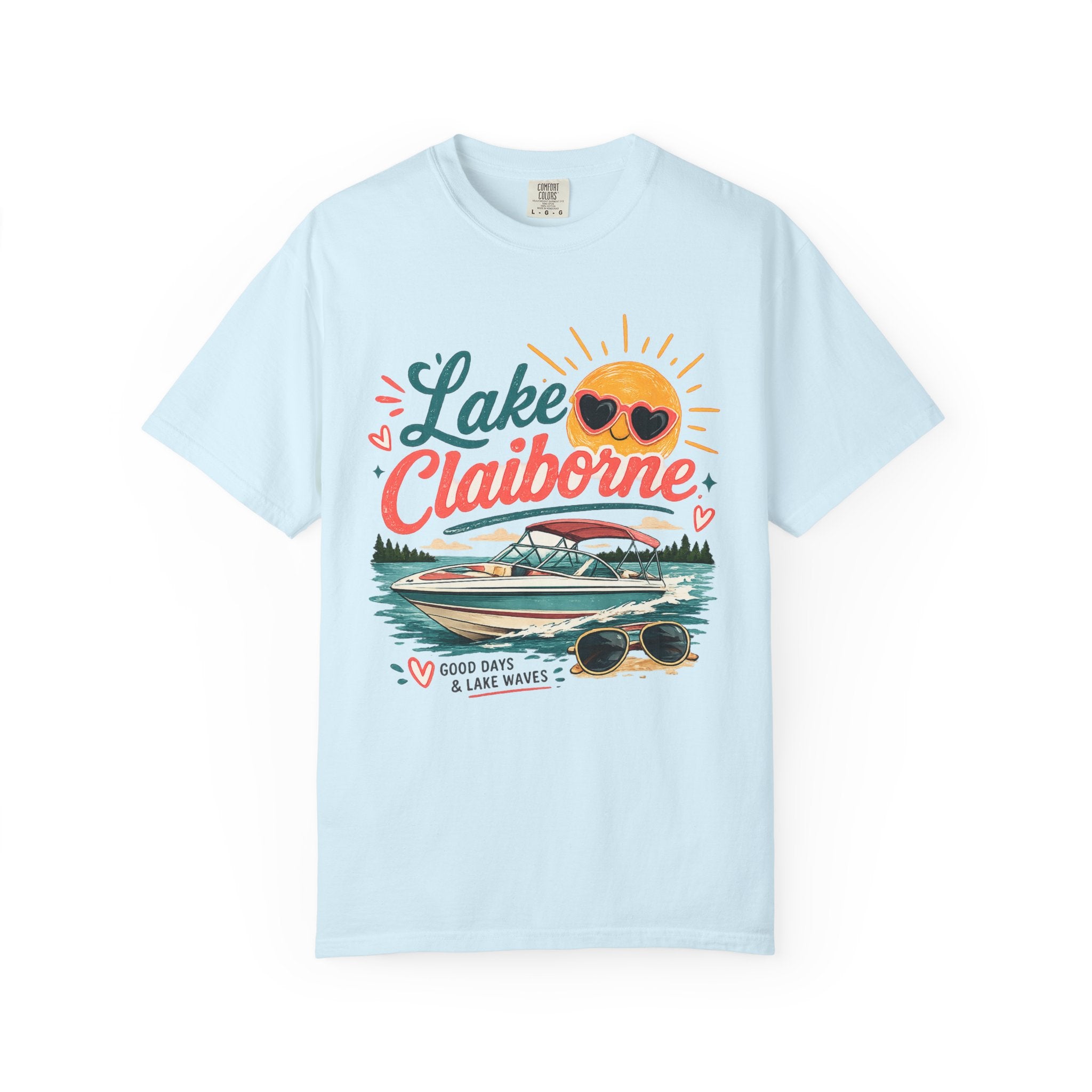 Lake Claiborne Boat T‑Shirt — Retro Sun & Sunglasses Summer Tee