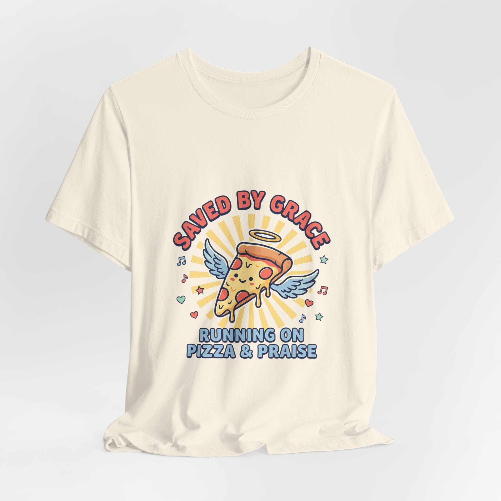 Saved By Grace Pizza Tee | Christian memes, church camp retro