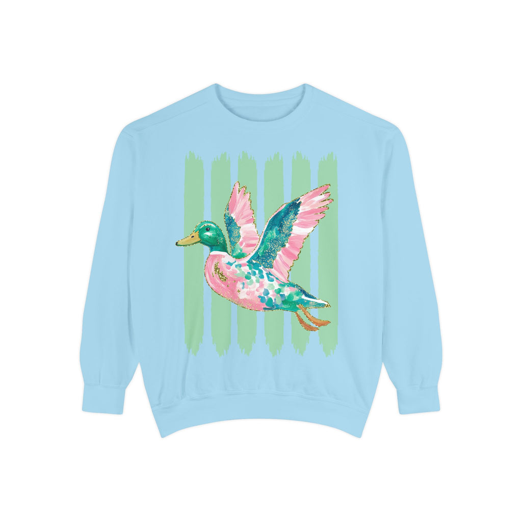 Duck Graphic Sweatshirt — Watercolor Flying Duck on Coral Garment-Dyed Crewneck