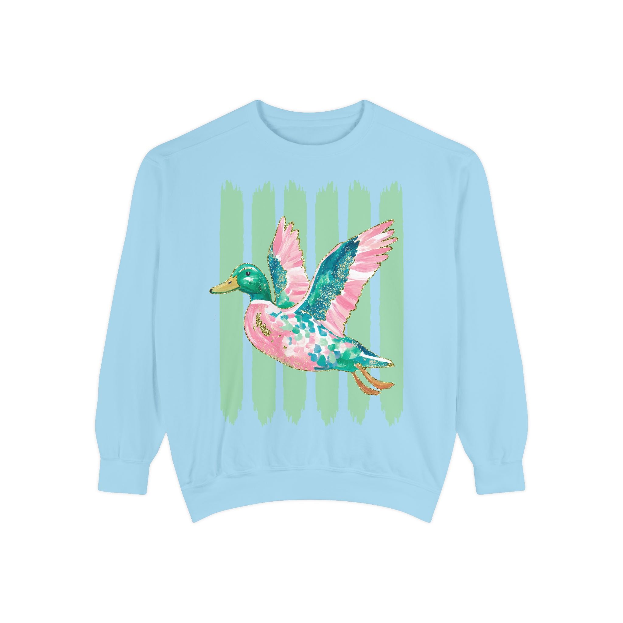 Duck Graphic Sweatshirt — Watercolor Flying Duck on Coral Garment-Dyed Crewneck