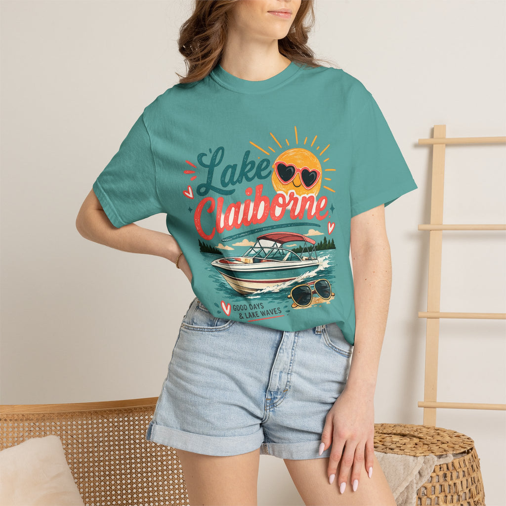 Lake Claiborne Boat T‑Shirt — Retro Sun & Sunglasses Summer Tee