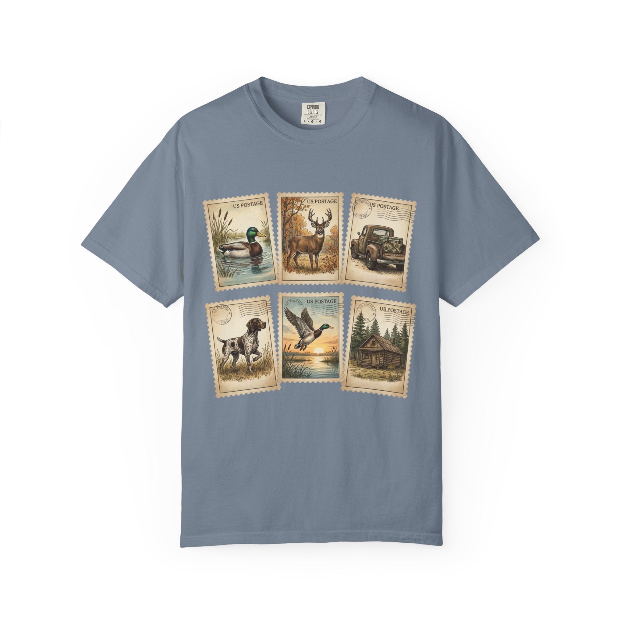 Vintage Outdoor Stamps T-Shirt — Deer, Duck, Truck & Cabin Nature Collage