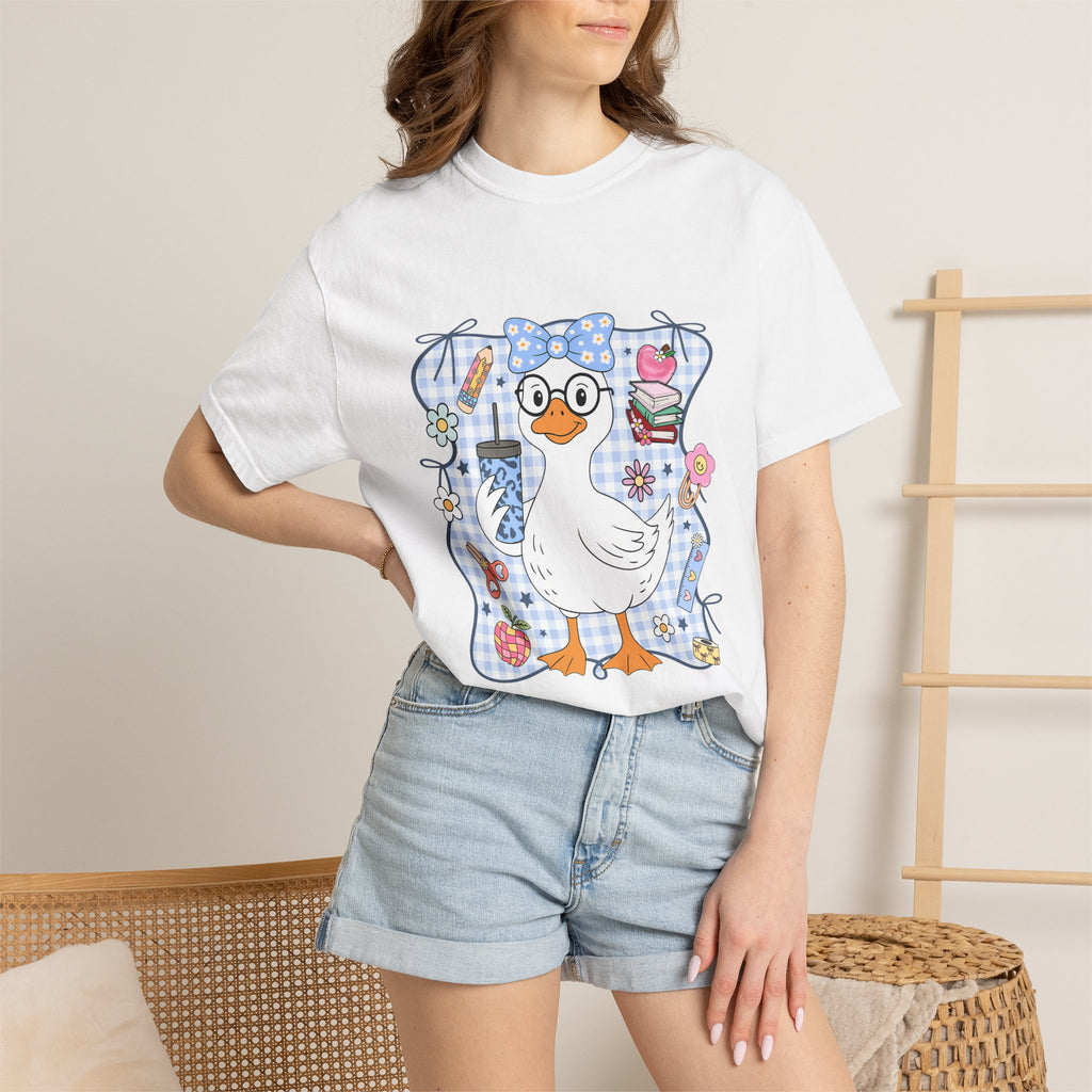 Duck with Blue Gingham Bow Tee — Cute Farm Animal Graphic T-Shirt