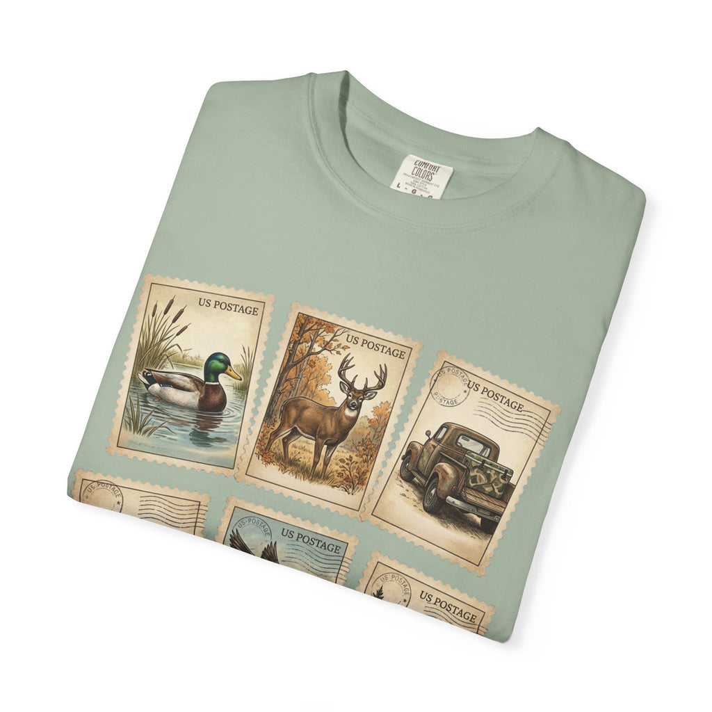 Vintage Outdoor Stamps T-Shirt — Deer, Duck, Truck & Cabin Nature Collage