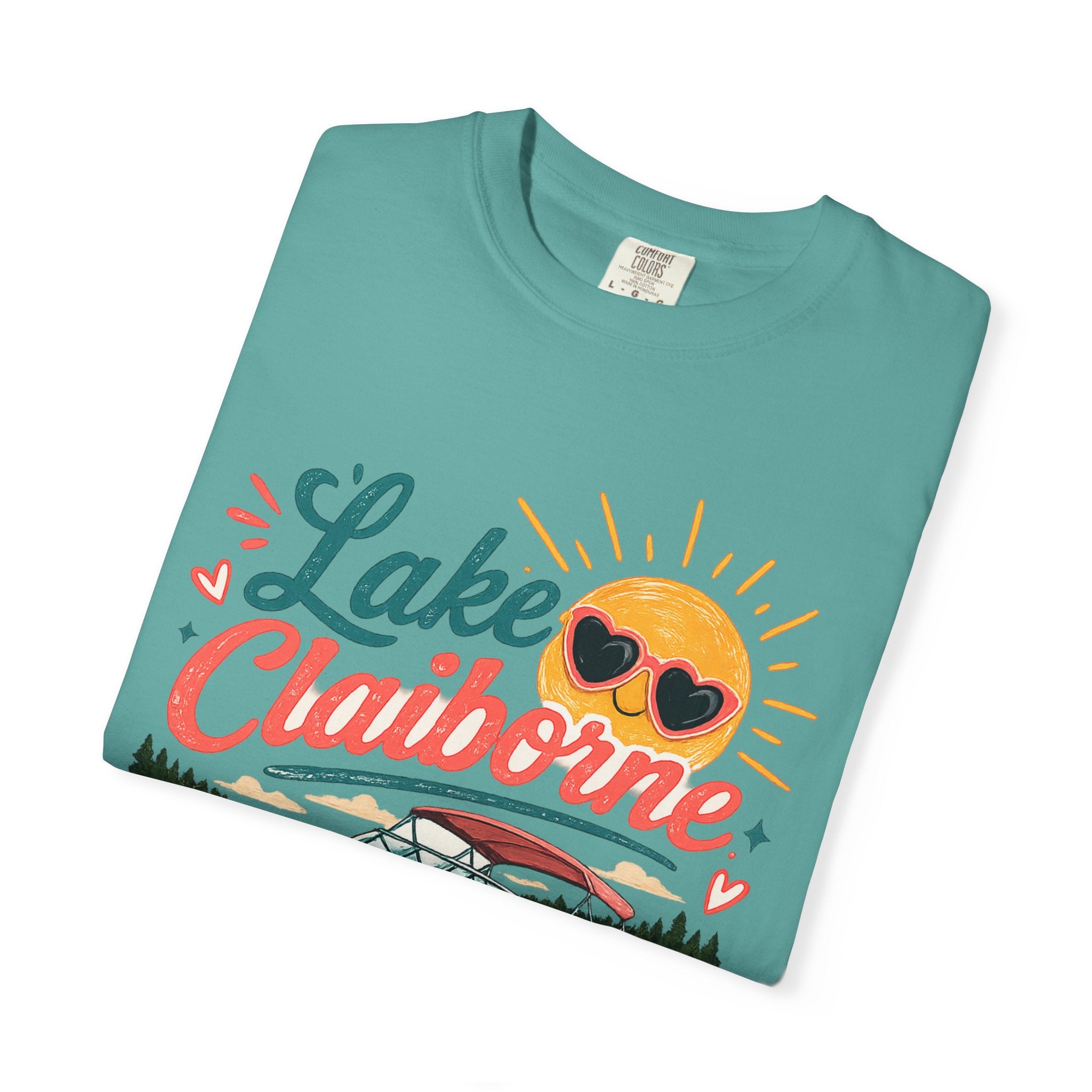 Lake Claiborne Boat T‑Shirt — Retro Sun & Sunglasses Summer Tee