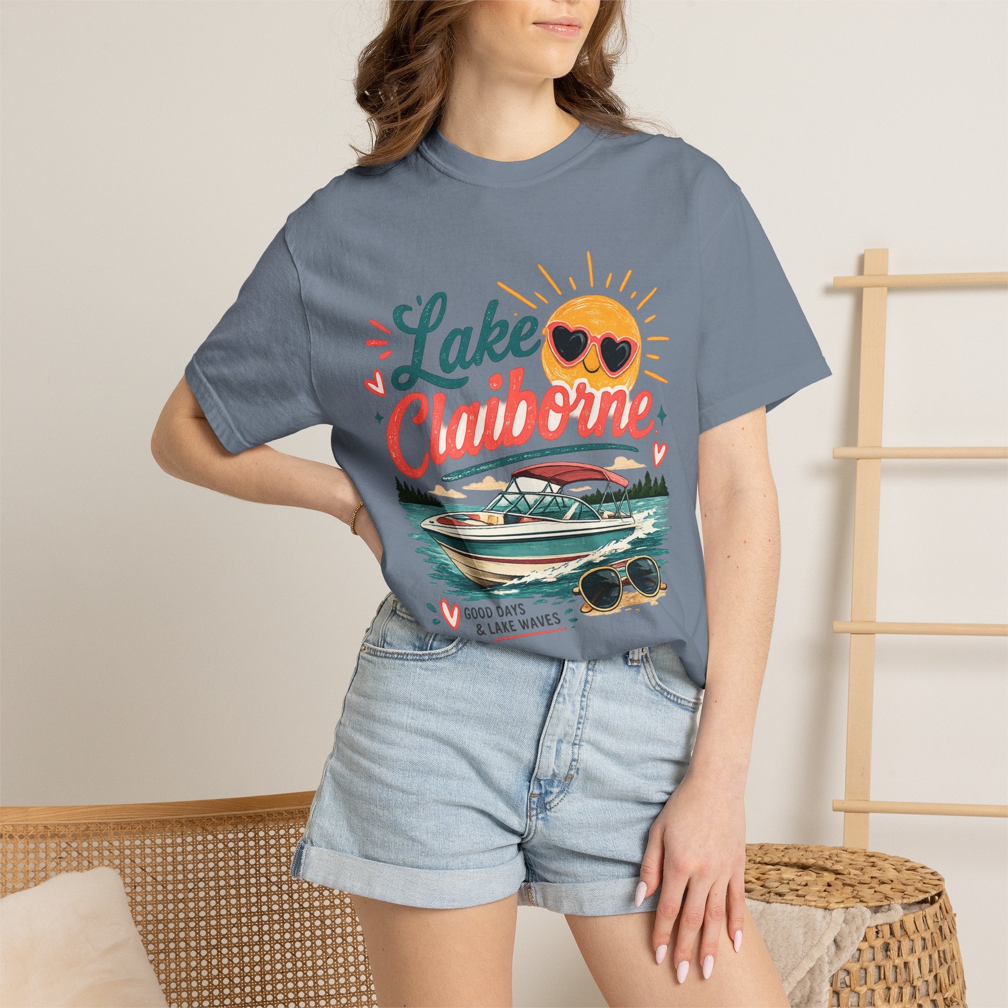 Lake Claiborne Boat T‑Shirt — Retro Sun & Sunglasses Summer Tee