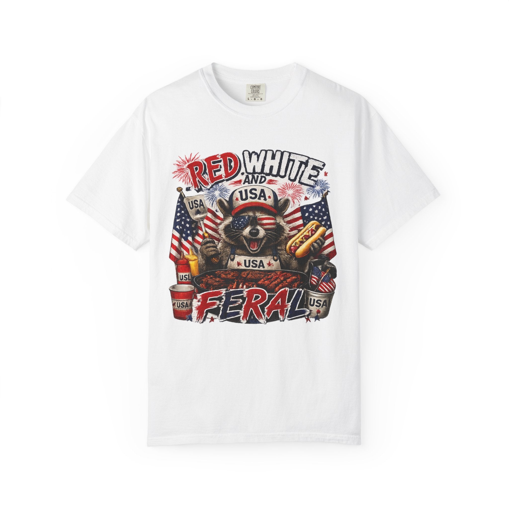 Red White and Feral T-Shirt — Patriotic Raccoon Graphic Tee for July 4th
