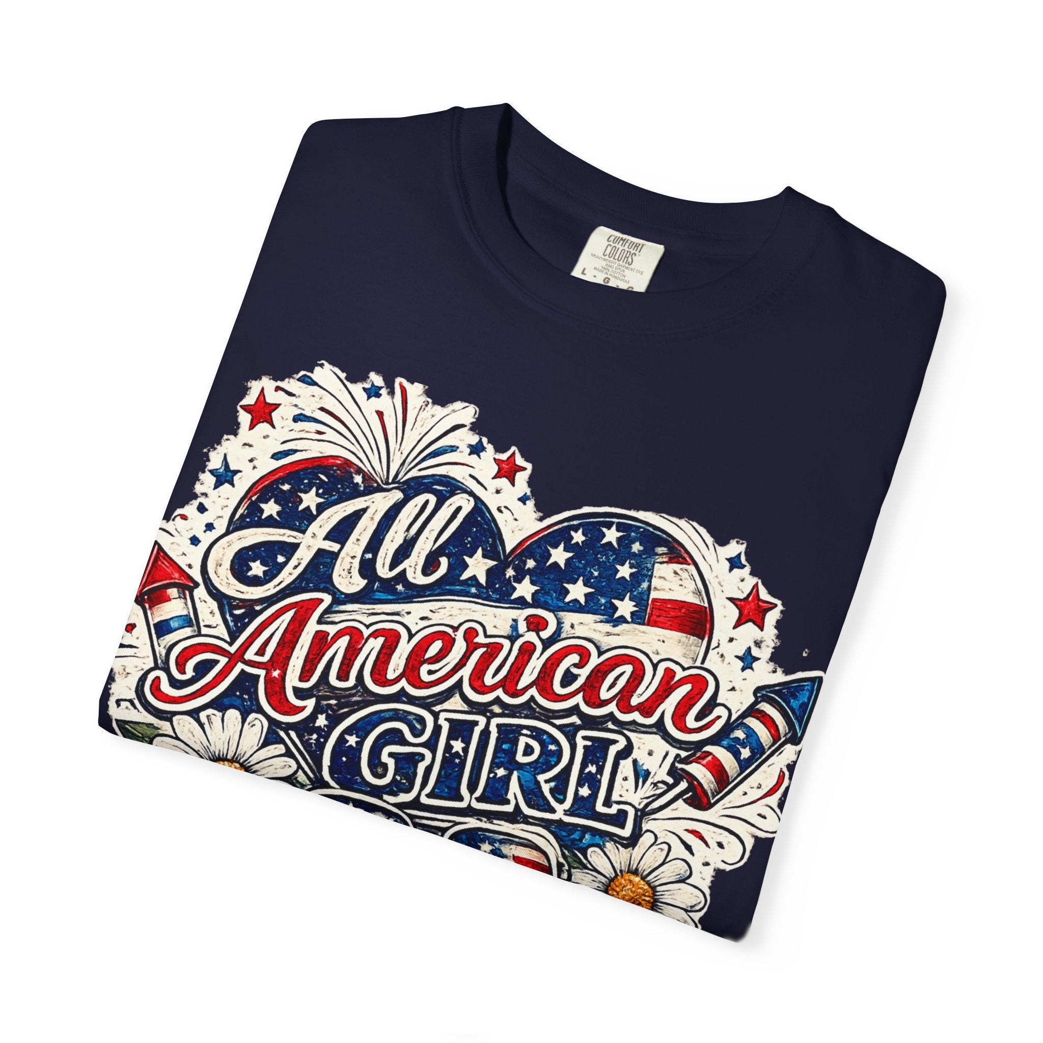 All American Girl T-Shirt — Patriotic Stars & Daisies Tee for Women