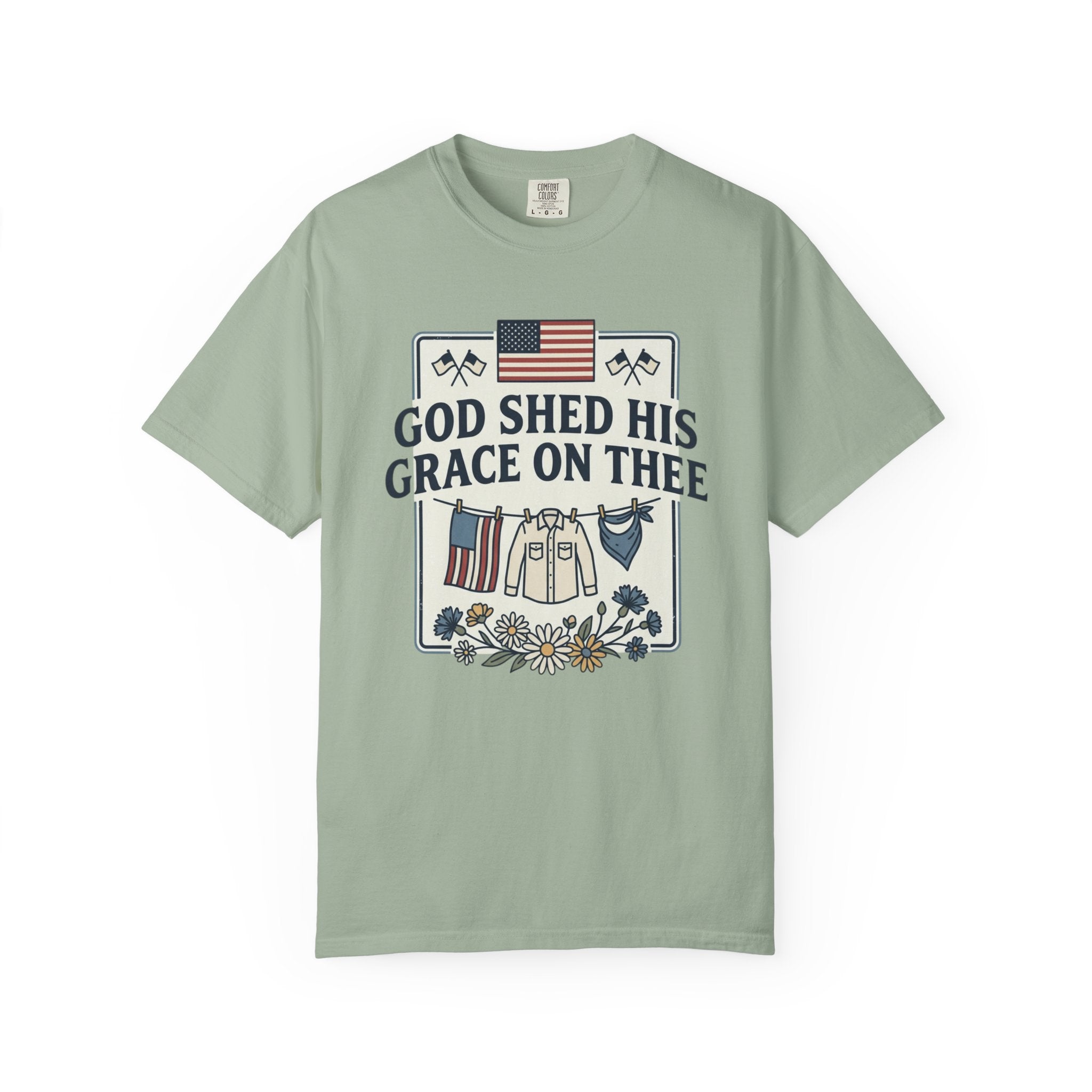 T-Shirt — "God Shed His Grace on Thee" Patriotic American Flag & Floral Tee