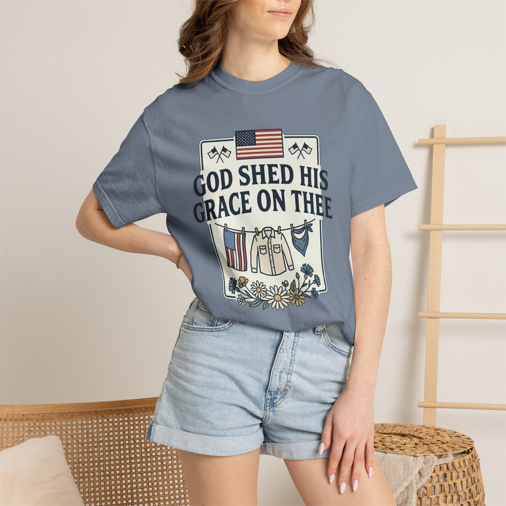 T-Shirt — "God Shed His Grace on Thee" Patriotic American Flag & Floral Tee