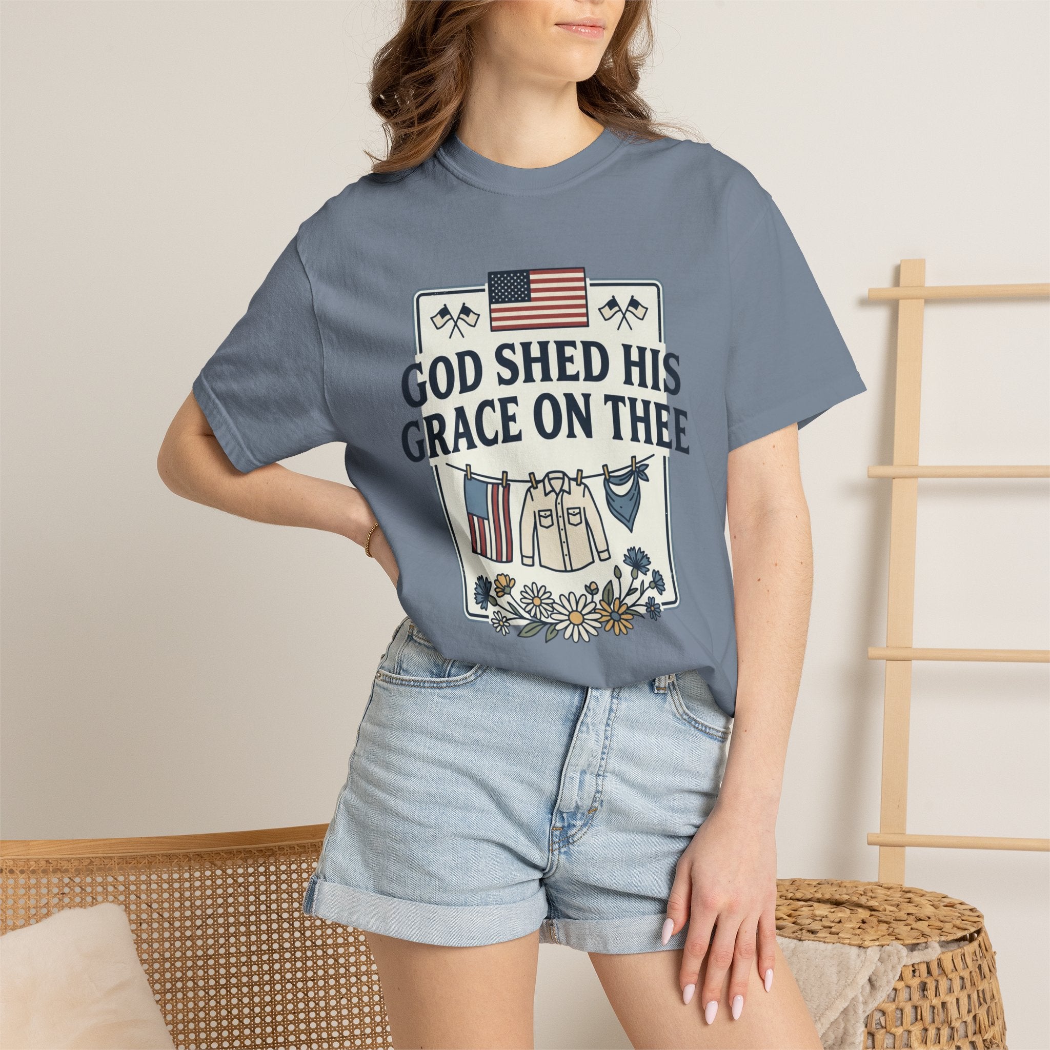 T-Shirt — "God Shed His Grace on Thee" Patriotic American Flag & Floral Tee