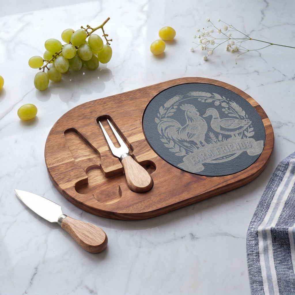 Engraved Bamboo Charcuterie Board with Slate Inlay & Cheese Tools — Rooster Friends Design