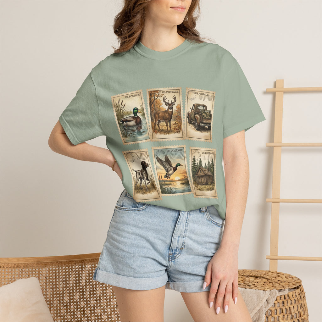 Vintage Outdoor Stamps T-Shirt — Deer, Duck, Truck & Cabin Nature Collage