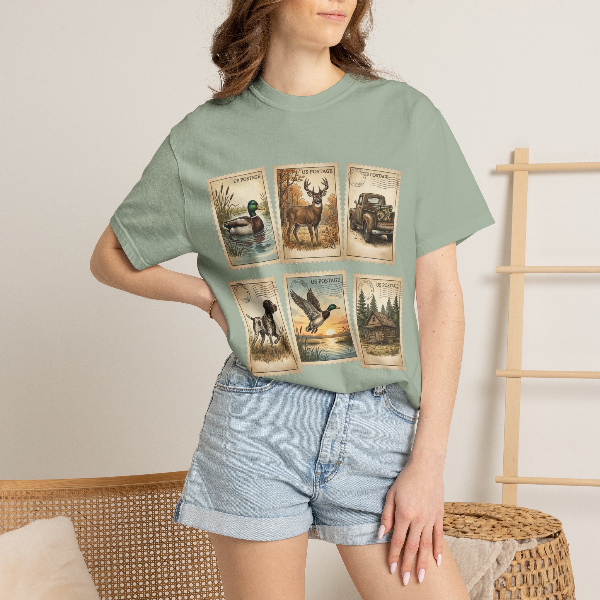 Vintage Outdoor Stamps T-Shirt — Deer, Duck, Truck & Cabin Nature Collage